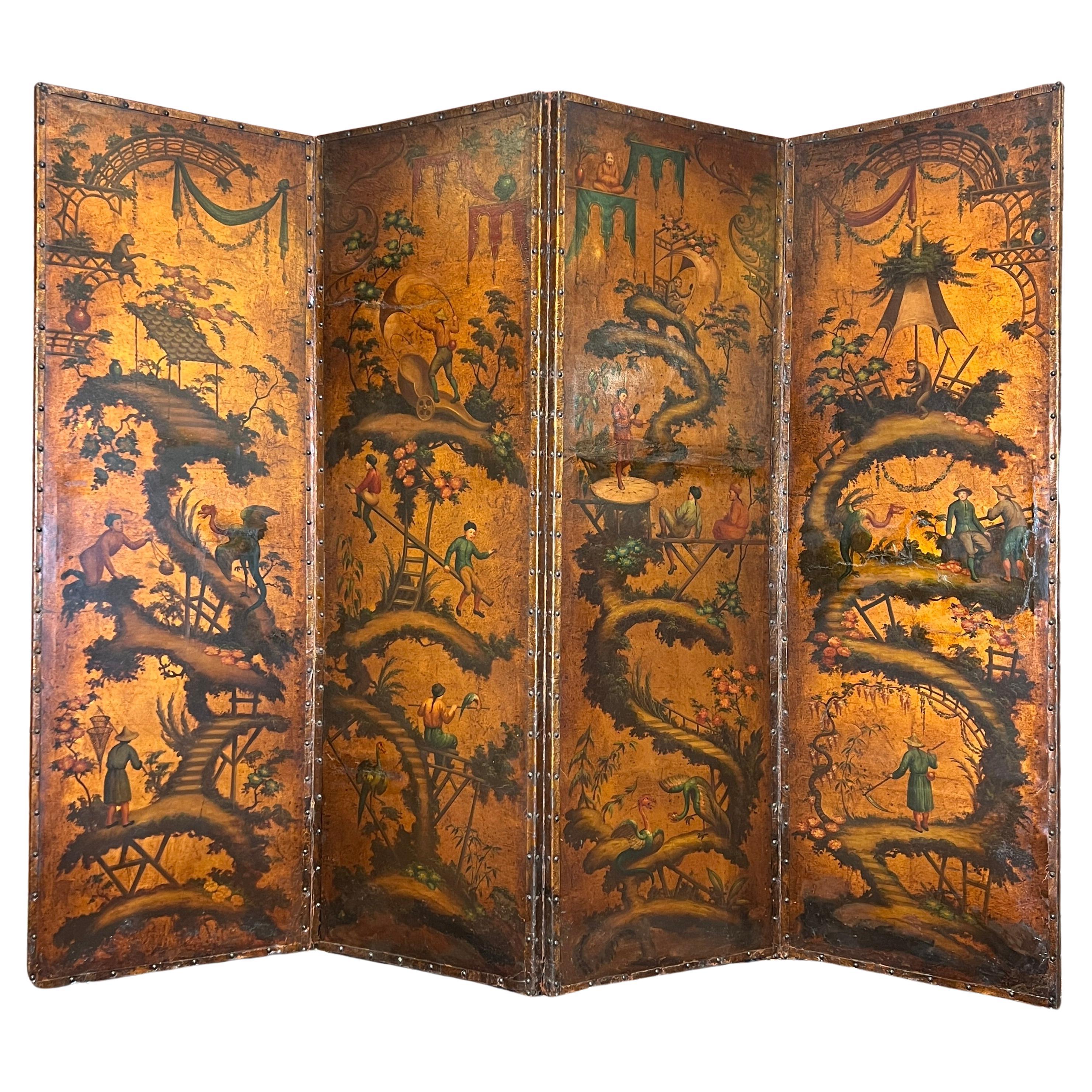 Very Finely Hand Painted Chinoiserie Leather Screen with Monkeys