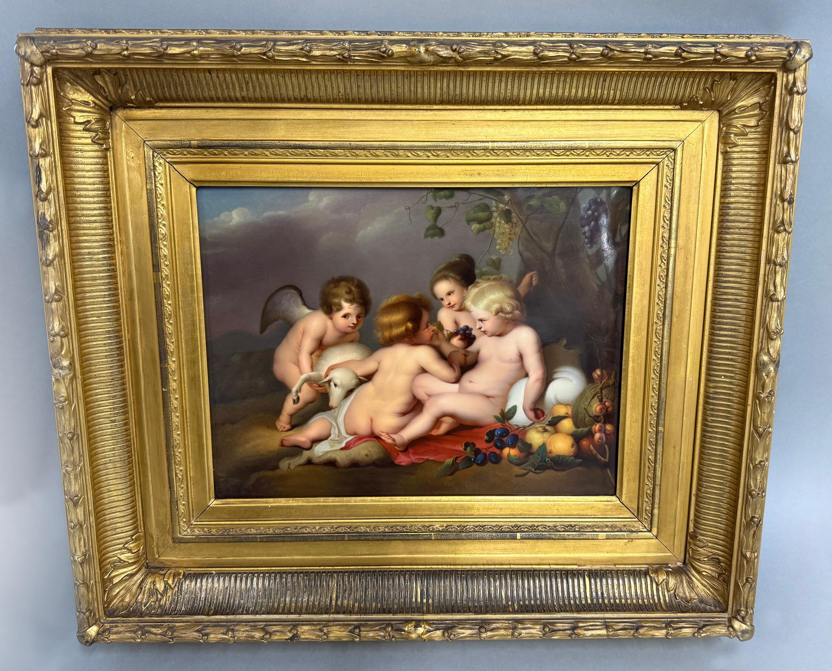 Plaque rectangulaire en porcelaine de Berlin K.P.M. très finement peinte à la fin du XIXe siècle

Représentation de nourrissons et de Cupidons jouant avec un agneau, entourés d'une multitude de fruits.

D'après le célèbre tableau de Peters Paul