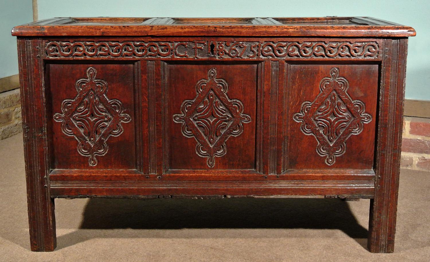 Very Good 17th Century Oak Coffer Boldly Carved, Initialled and Dated 1675 For Sale 2