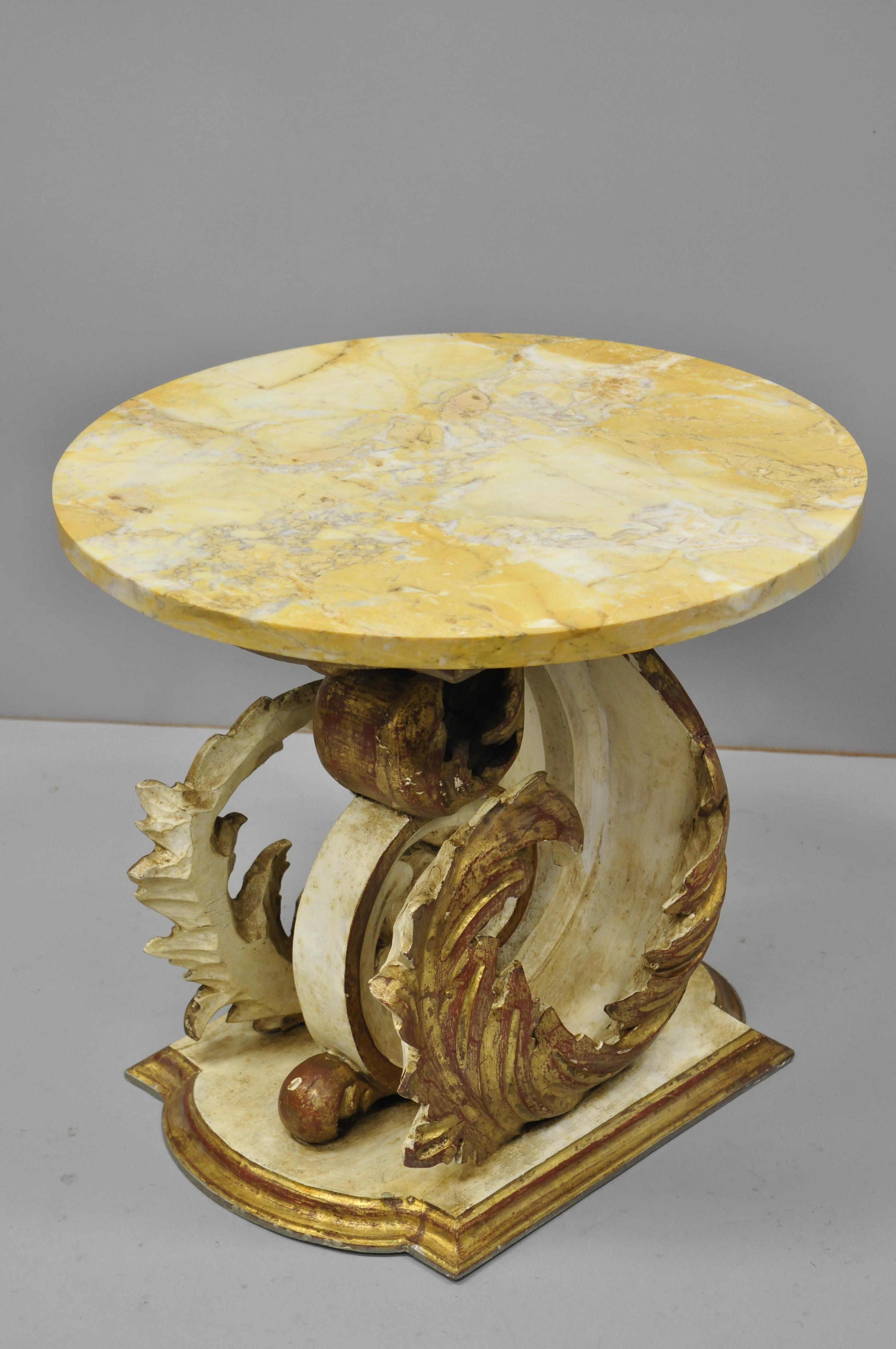 Italian Neoclassical Style Round Marble Top Gilt Wood Floral Scroll Accent Side 7