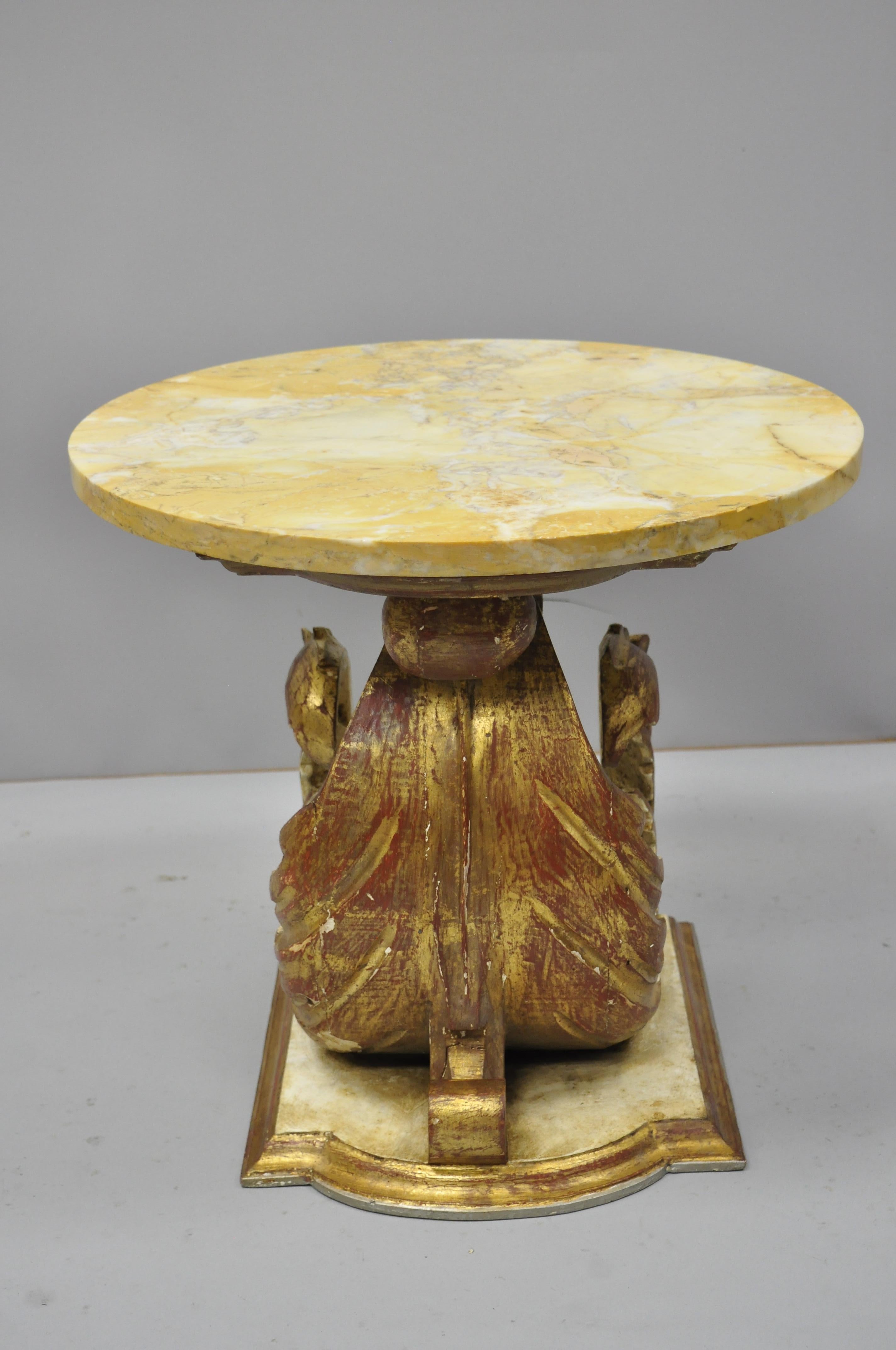 Italian Neoclassical Style Round Marble Top Gilt Wood Floral Scroll Accent Side In Good Condition In Philadelphia, PA