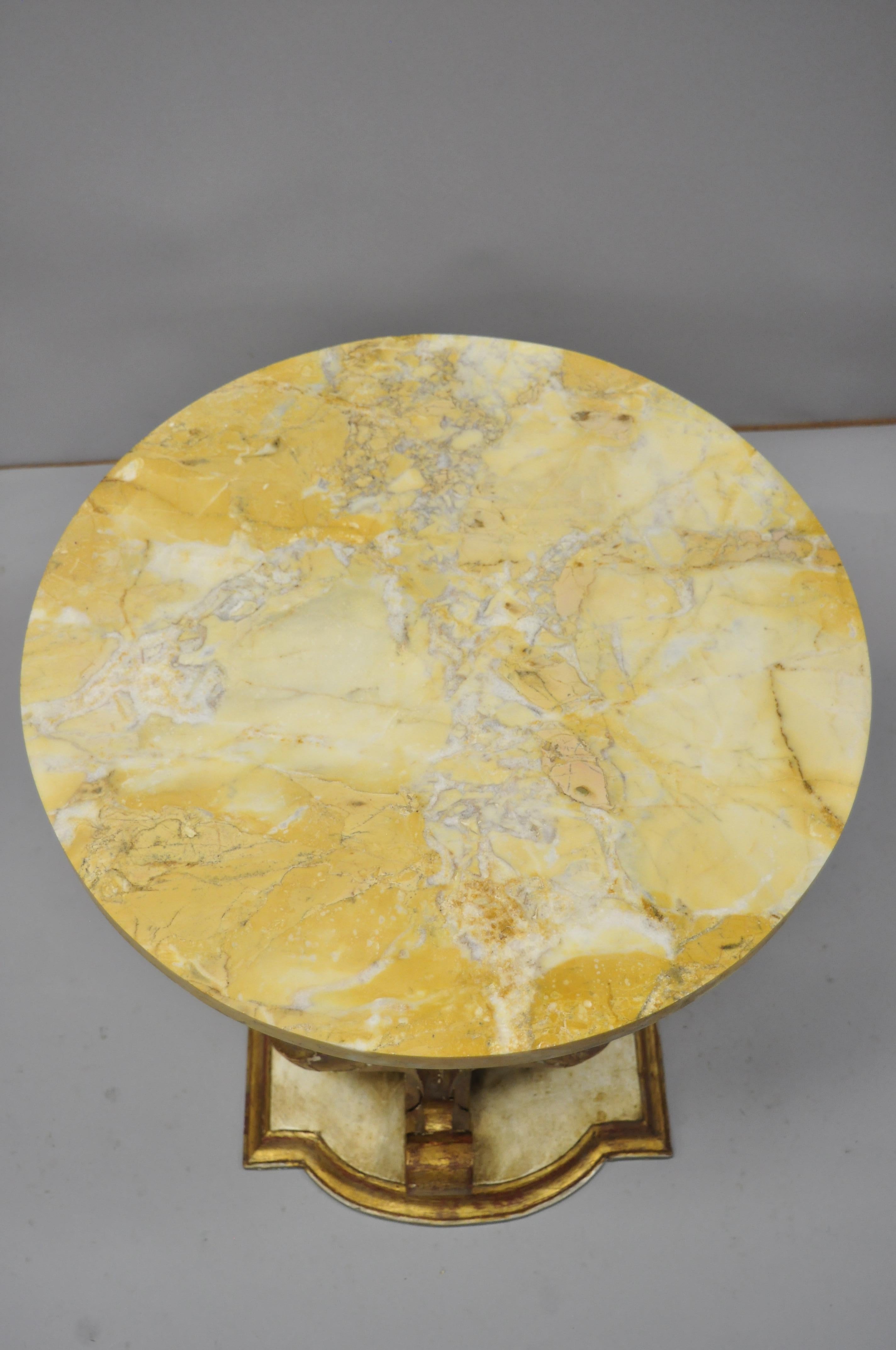Italian Neoclassical Style Round Marble Top Gilt Wood Floral Scroll Accent Side 1