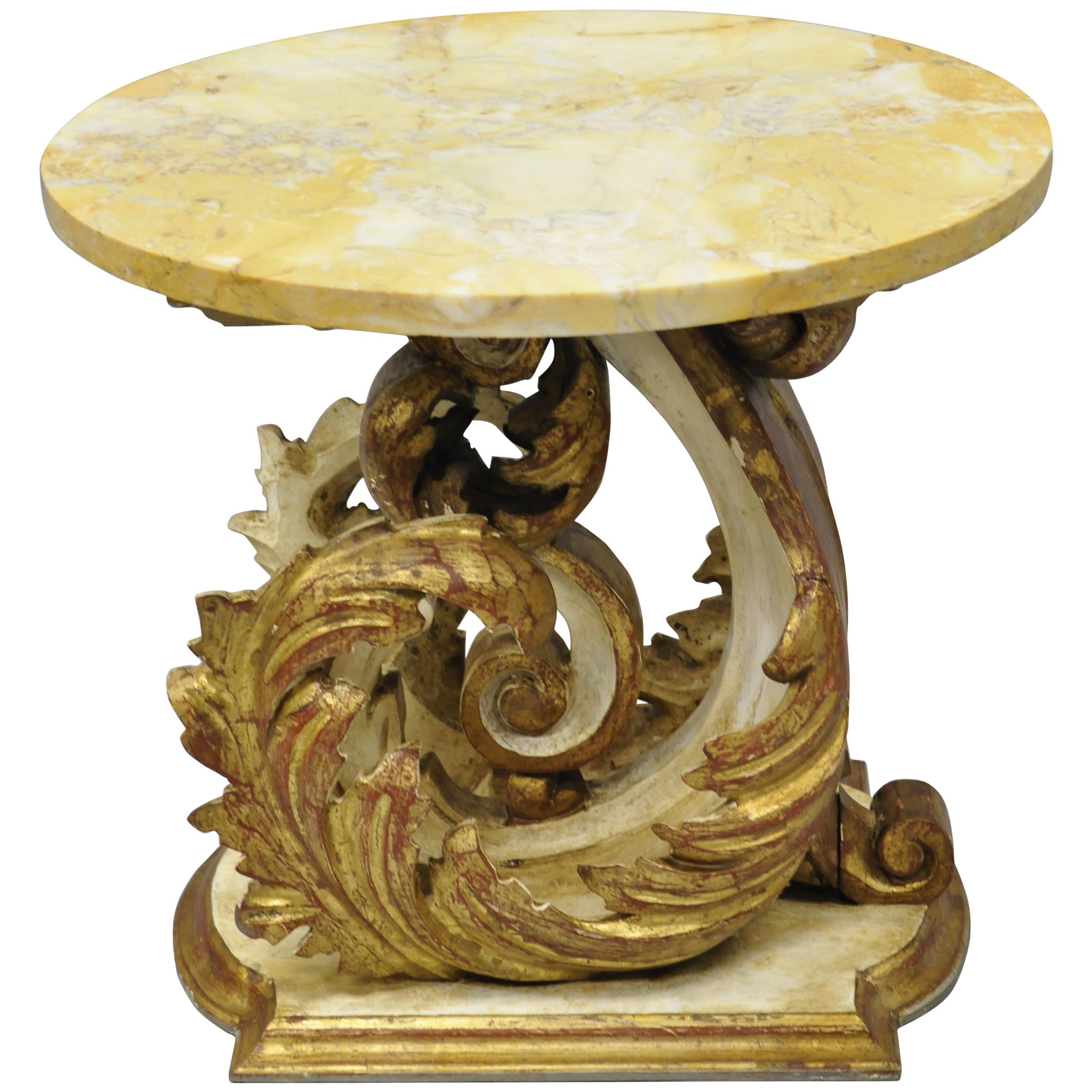 Italian Neoclassical Style Round Marble Top Gilt Wood Floral Scroll Accent Side