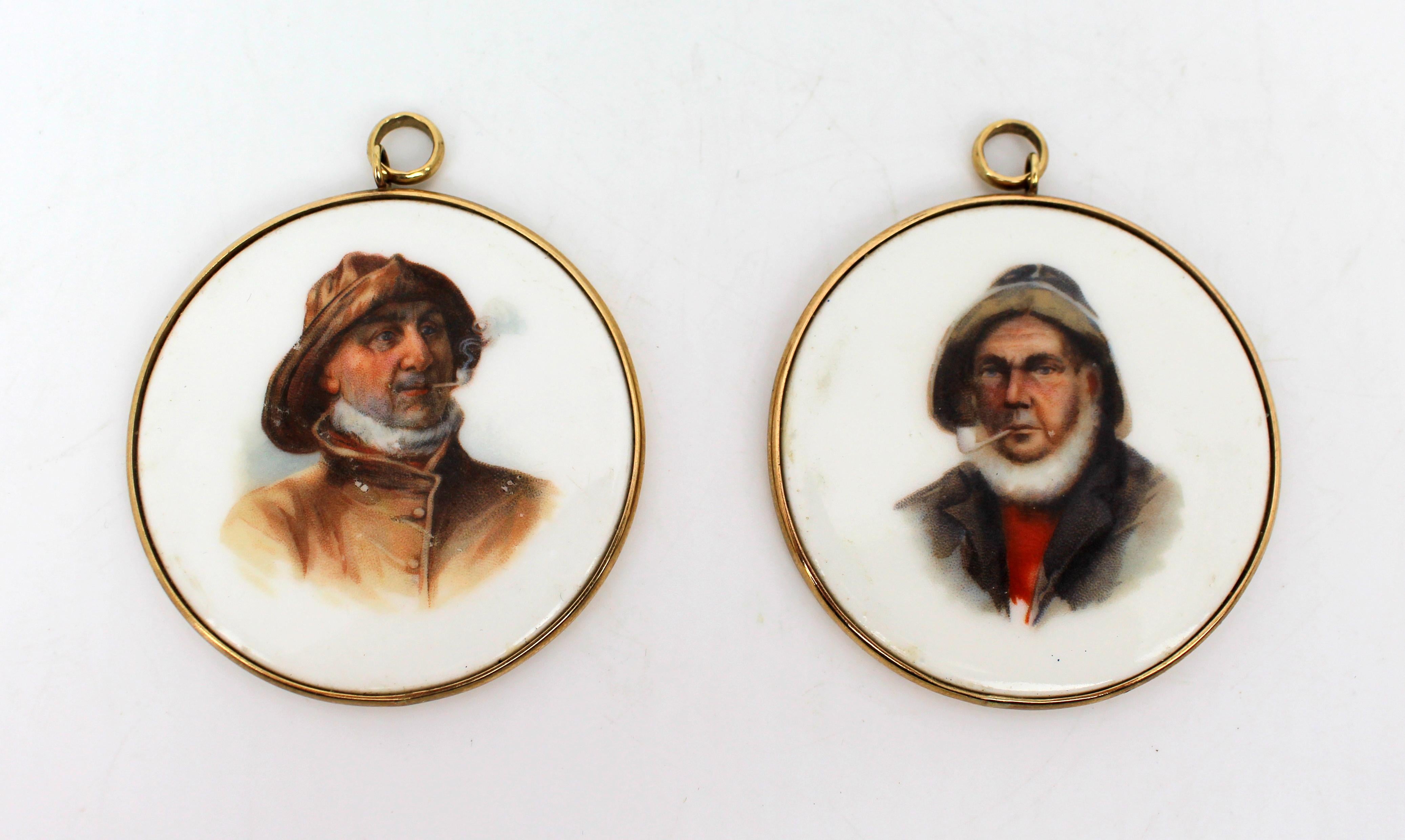Pair of Antique Hand-Painted Porcelain Sailor Portrait Plaques in 9ct Gold Mounts, English, Circa 1900
This evocative pair of antique portrait plaques features finely hand-painted images of rugged seafaring men, each smoking a pipe and dressed in