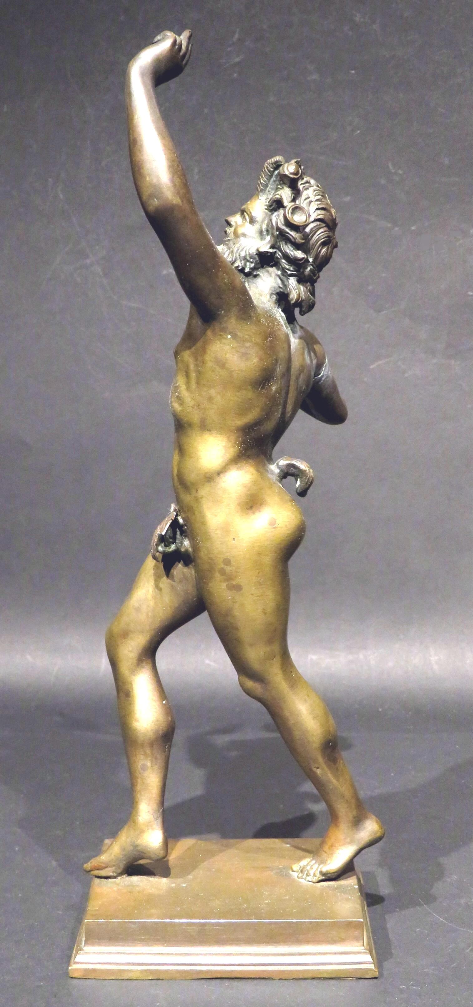 A finely cast Grand Tour style bronze of The Dancing Faun of Pompeii, demonstrating fine proportions & well defined chiselled features, exhibiting an old untouched surface and a subtle gilt patina overall. 
The original bronze dates from