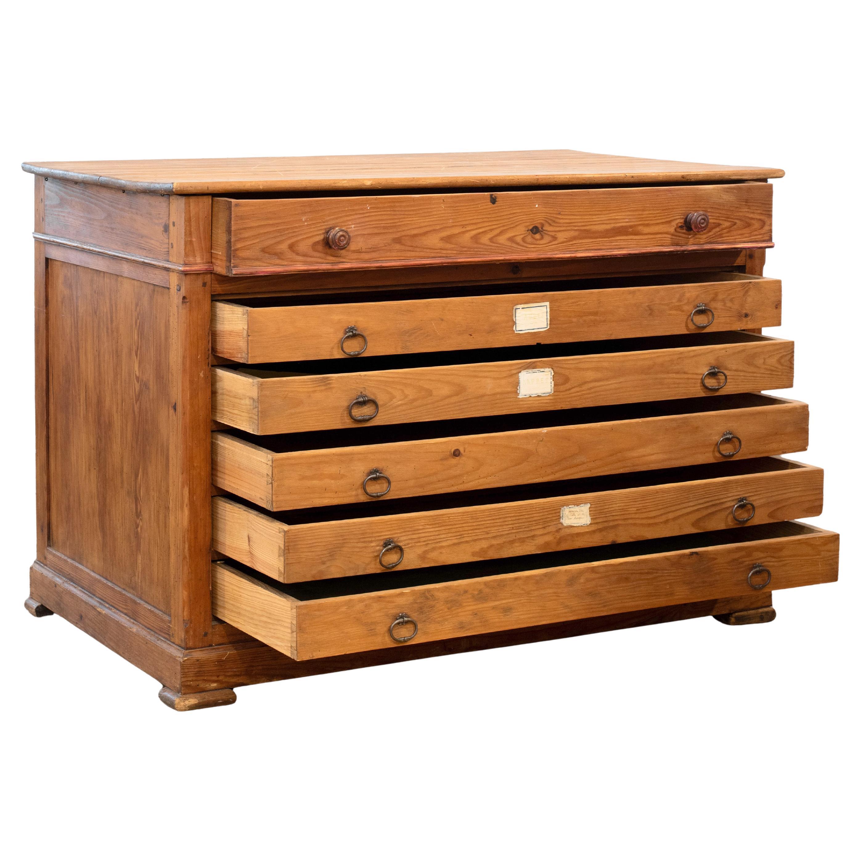 19th Century French Flat File, Pine Wood, Six Drawers, Good Condition