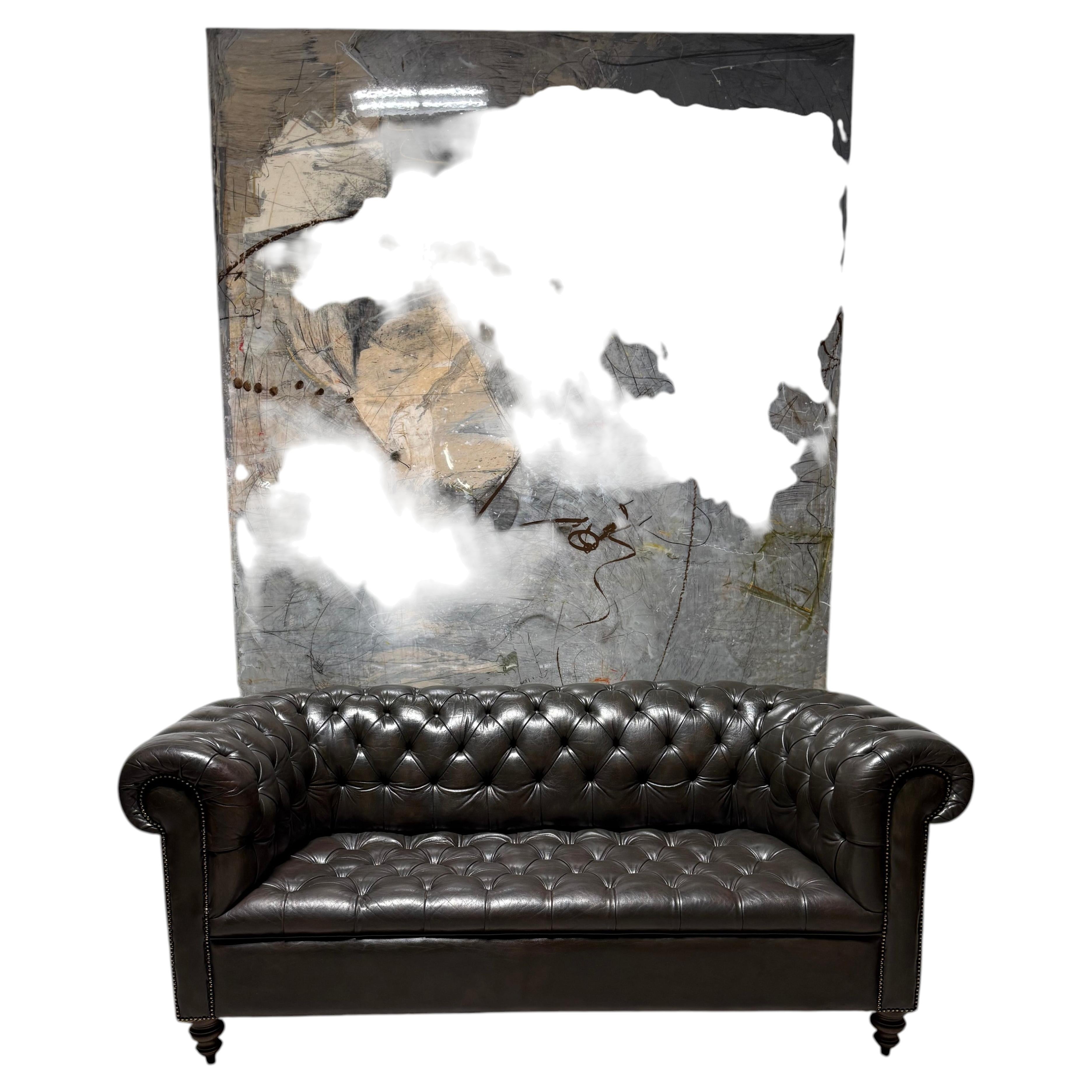 Muy Bueno Sofá Chesterfield Vintage de Piel de Mediana Edad en Chocolate Amargo Teñido a Mano en venta