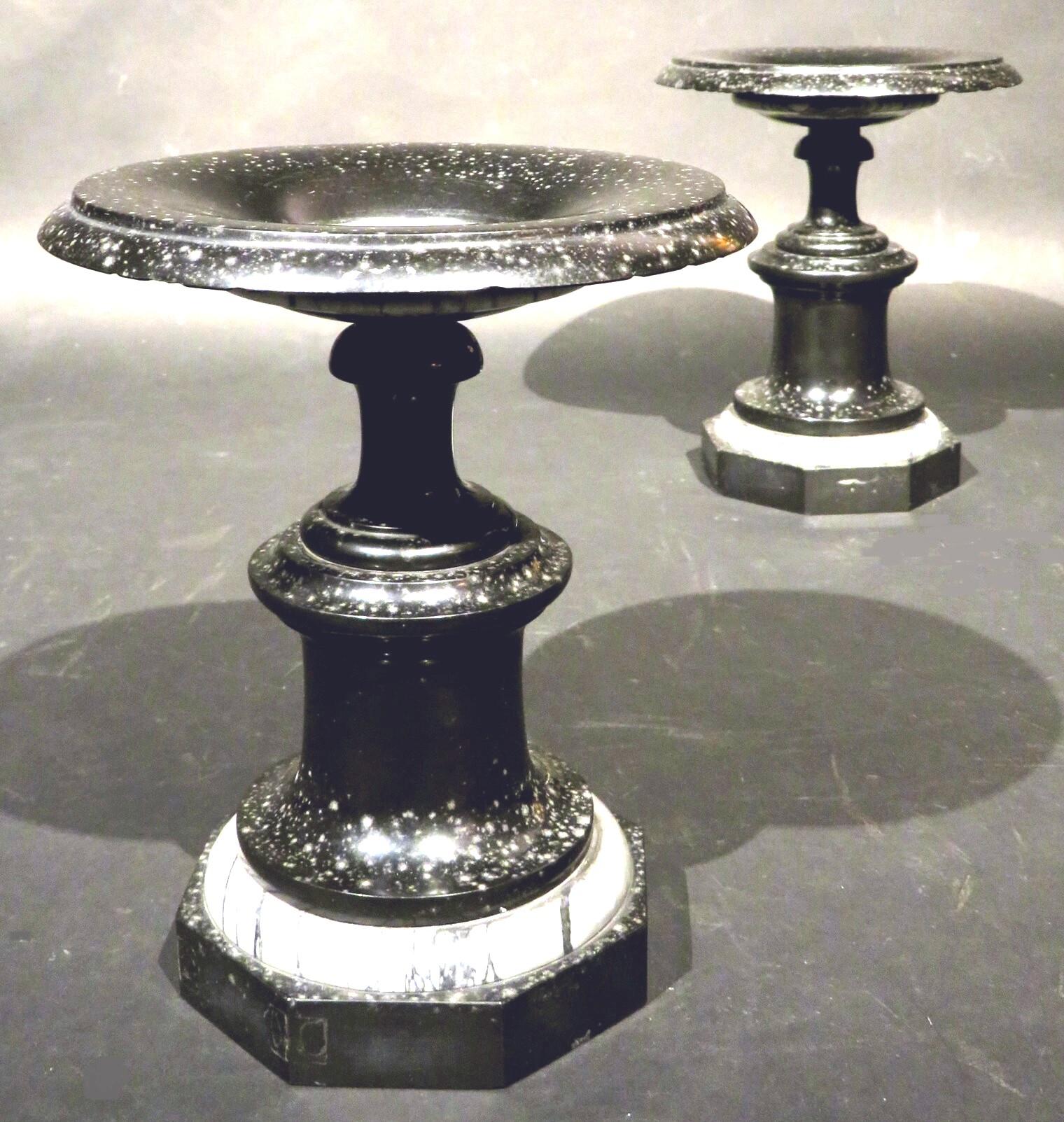 French Very Good Pair of Art Deco Fossilized Black Marble Tazzas, France Circa 1900
