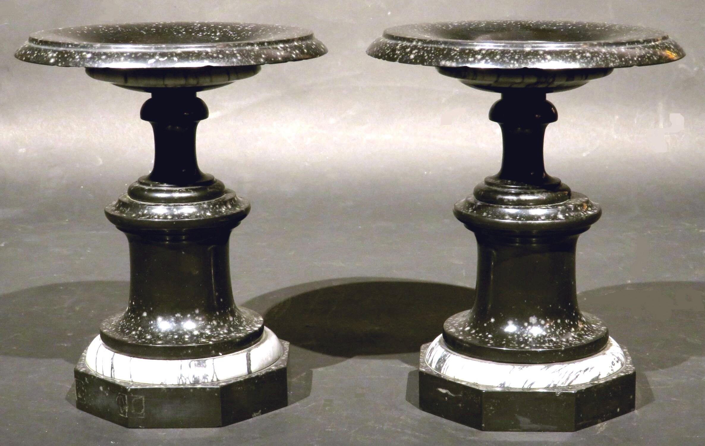 Turned Very Good Pair of Art Deco Fossilized Black Marble Tazzas, France Circa 1900