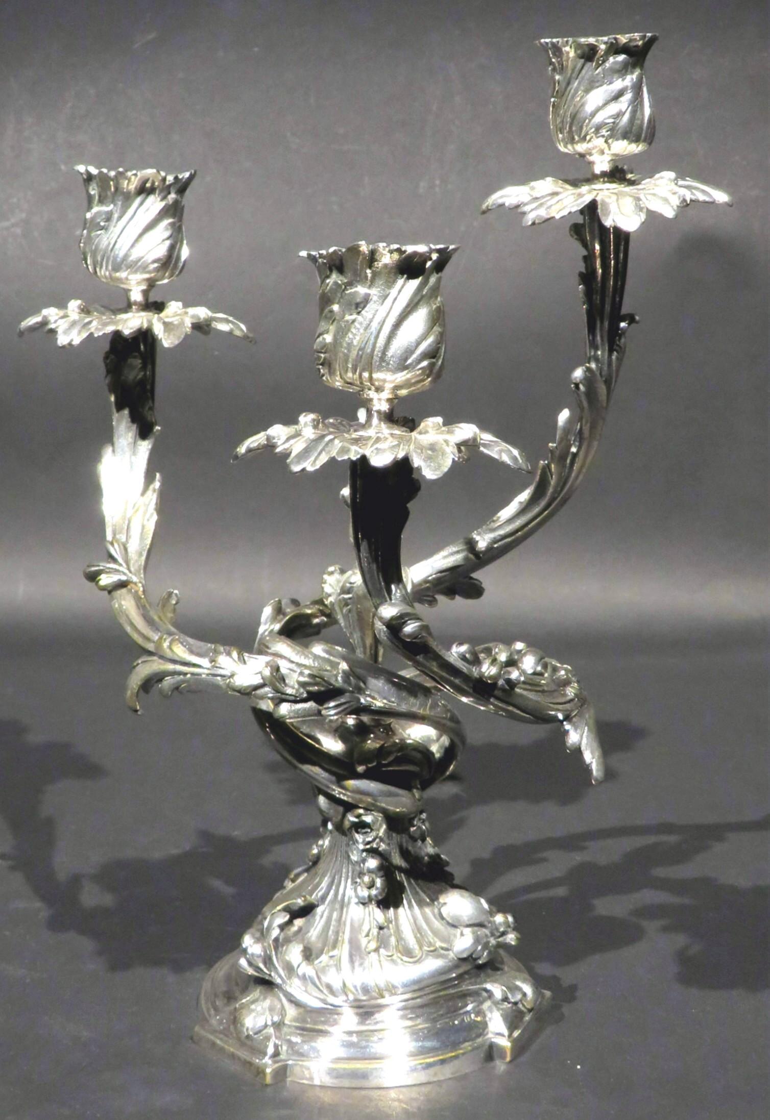 Very Good Pair of Louis XV Style Silvered Bronze Candelabra, France Circa 1870 For Sale 1