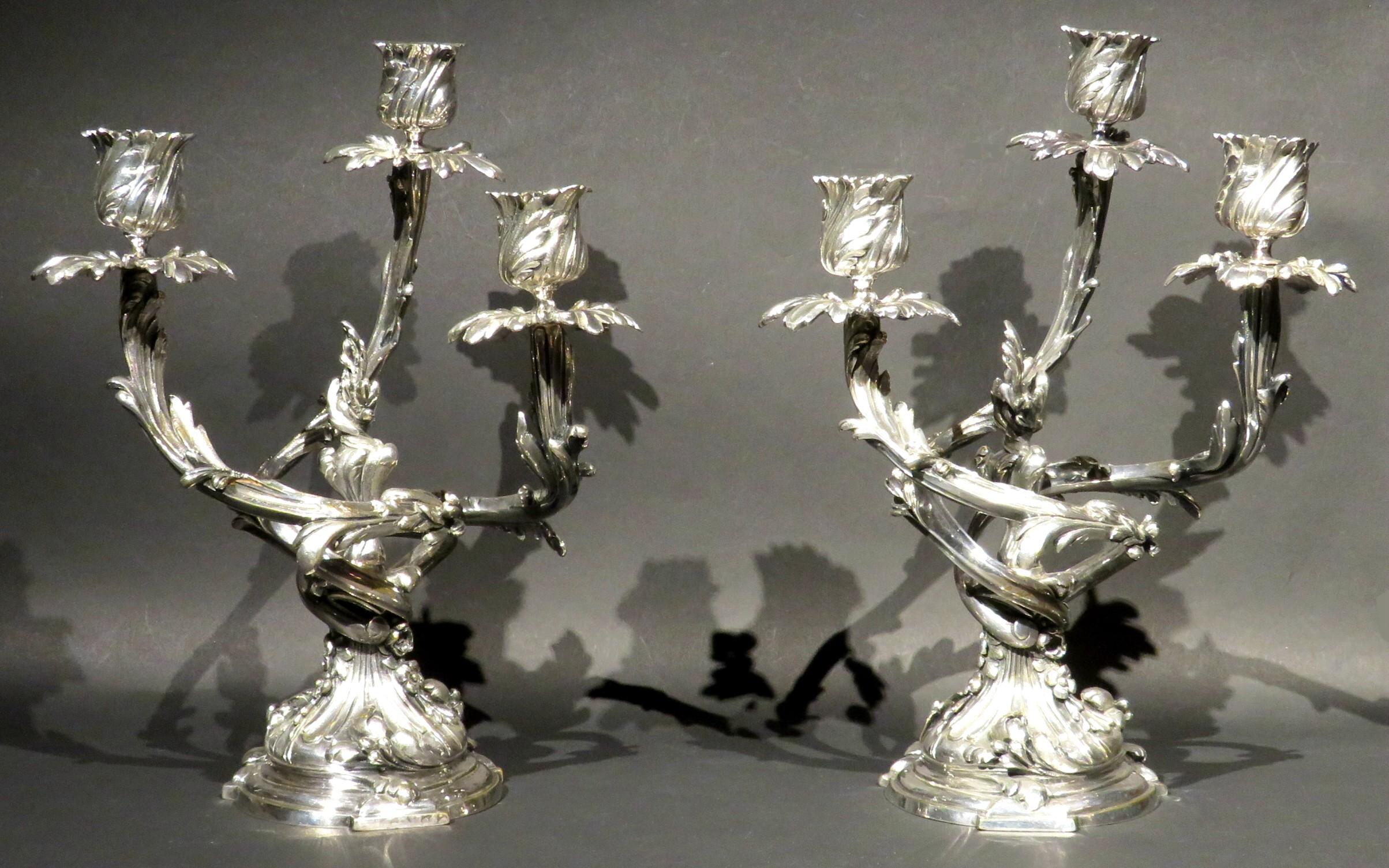 19th Century Very Good Pair of Louis XV Style Silvered Bronze Candelabra, France Circa 1870 For Sale