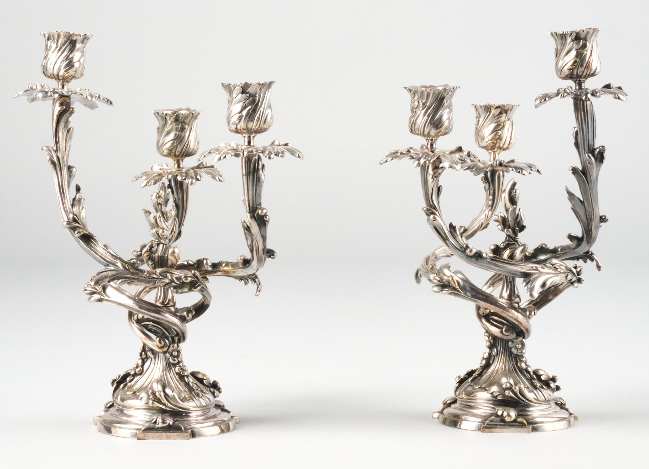 French Very Good Pair of Louis XV Style Silvered Bronze Candelabra, France Circa 1870 For Sale