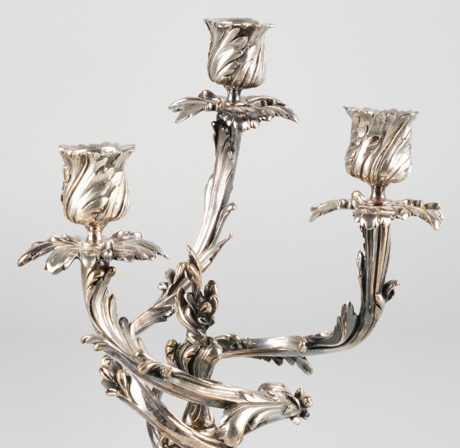 Very Good Pair of Louis XV Style Silvered Bronze Candelabra, France Circa 1870 In Good Condition For Sale In Ottawa, Ontario