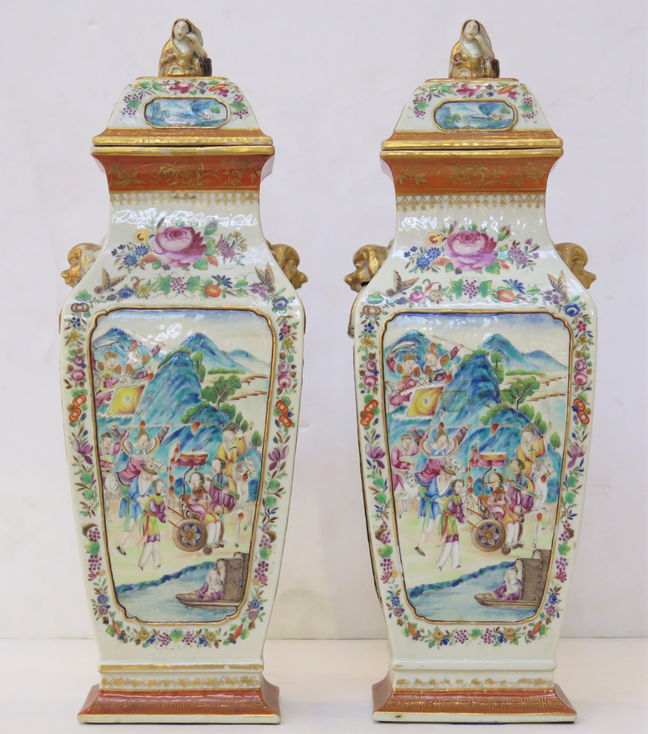 a large pair of Chinese vases, very good quality, each with female figures as finials, seated next to garden seats, and foo lion mask handles at the neck, panels depicting a royal surrounded by royal courtesans and attendants, China, 19th century