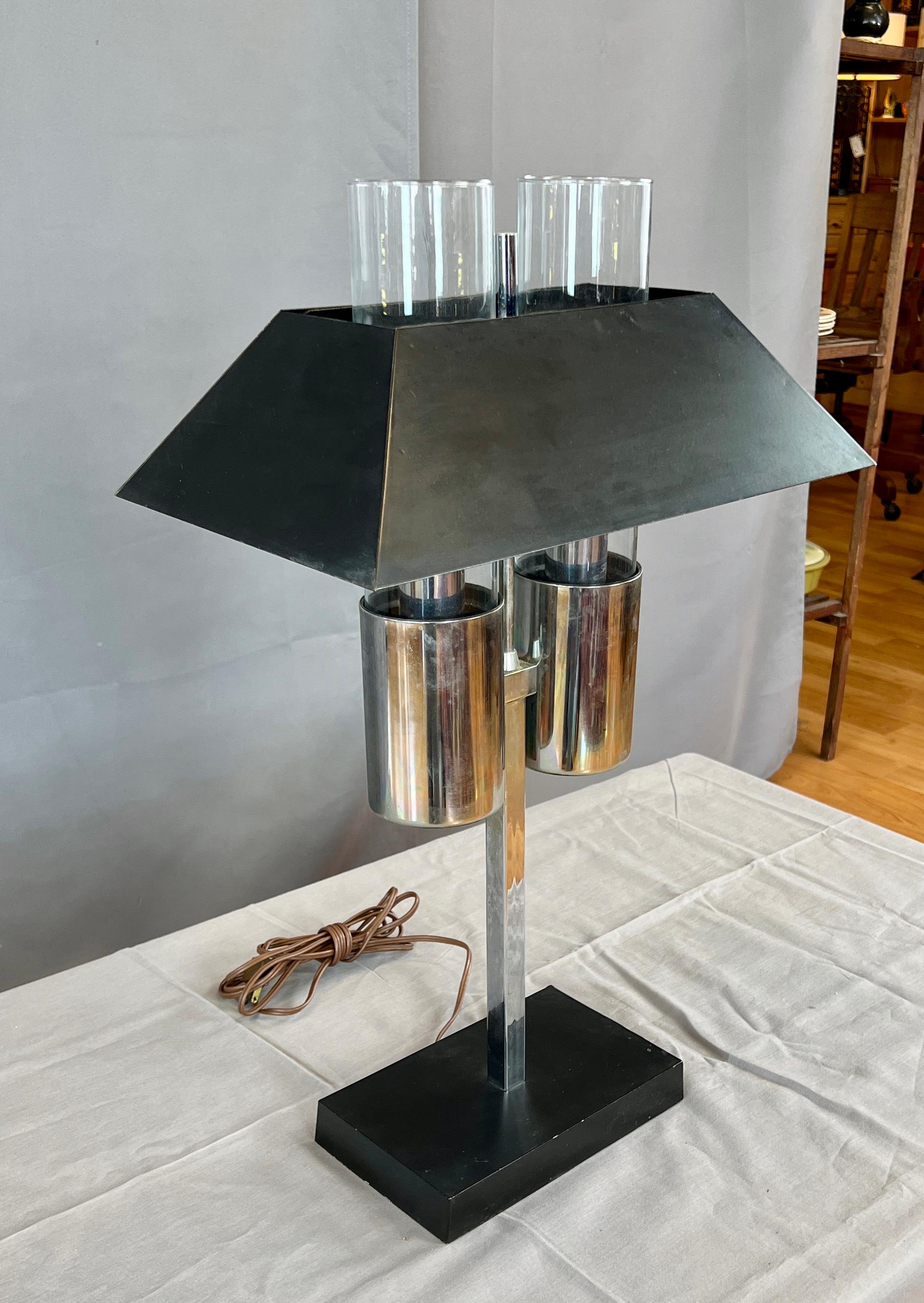 Italian Very Handsome Chrome and Black Bankers Lamp by Raymor Imported from Italy For Sale