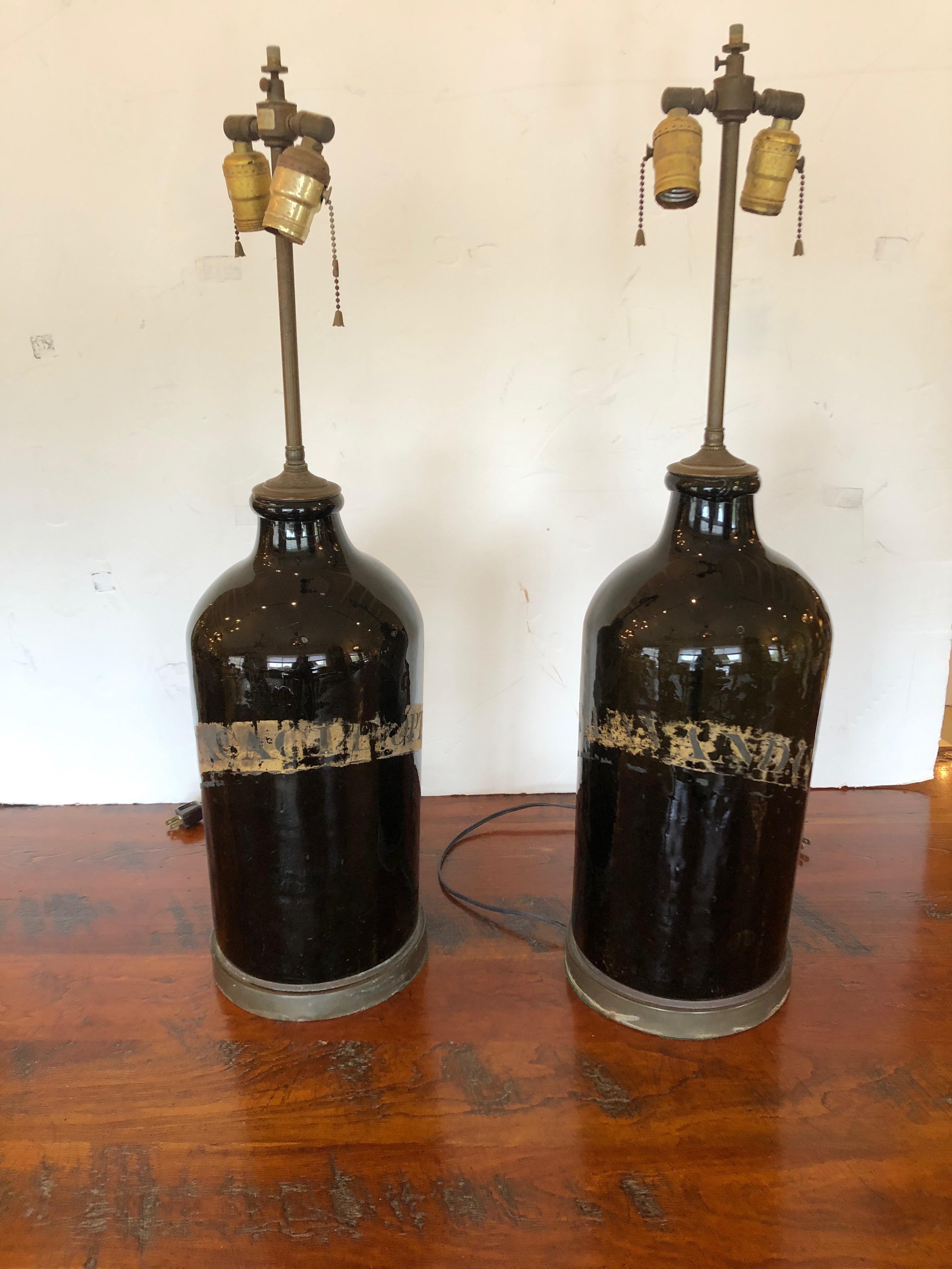 Very Handsome Large Antique English Apothecary Bottle Lamps 1