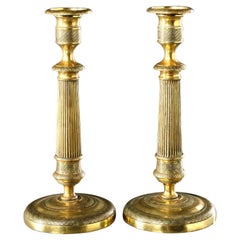 Antique Very Handsome Pair of French Empire Period Gilt Brass Candlesticks, Circa 1820