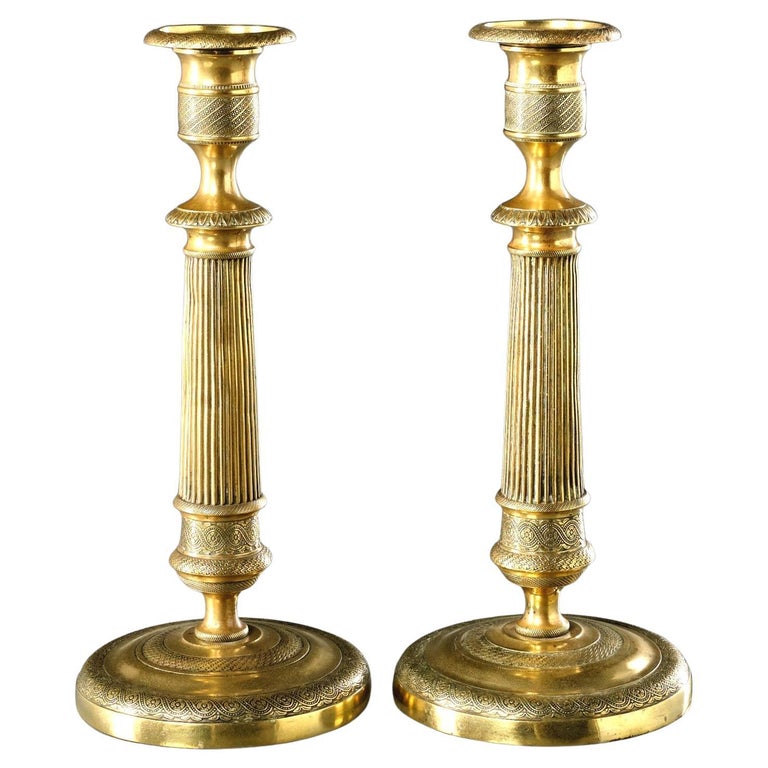Very Handsome Pair of French Empire Period Gilt Bronze Candlesticks