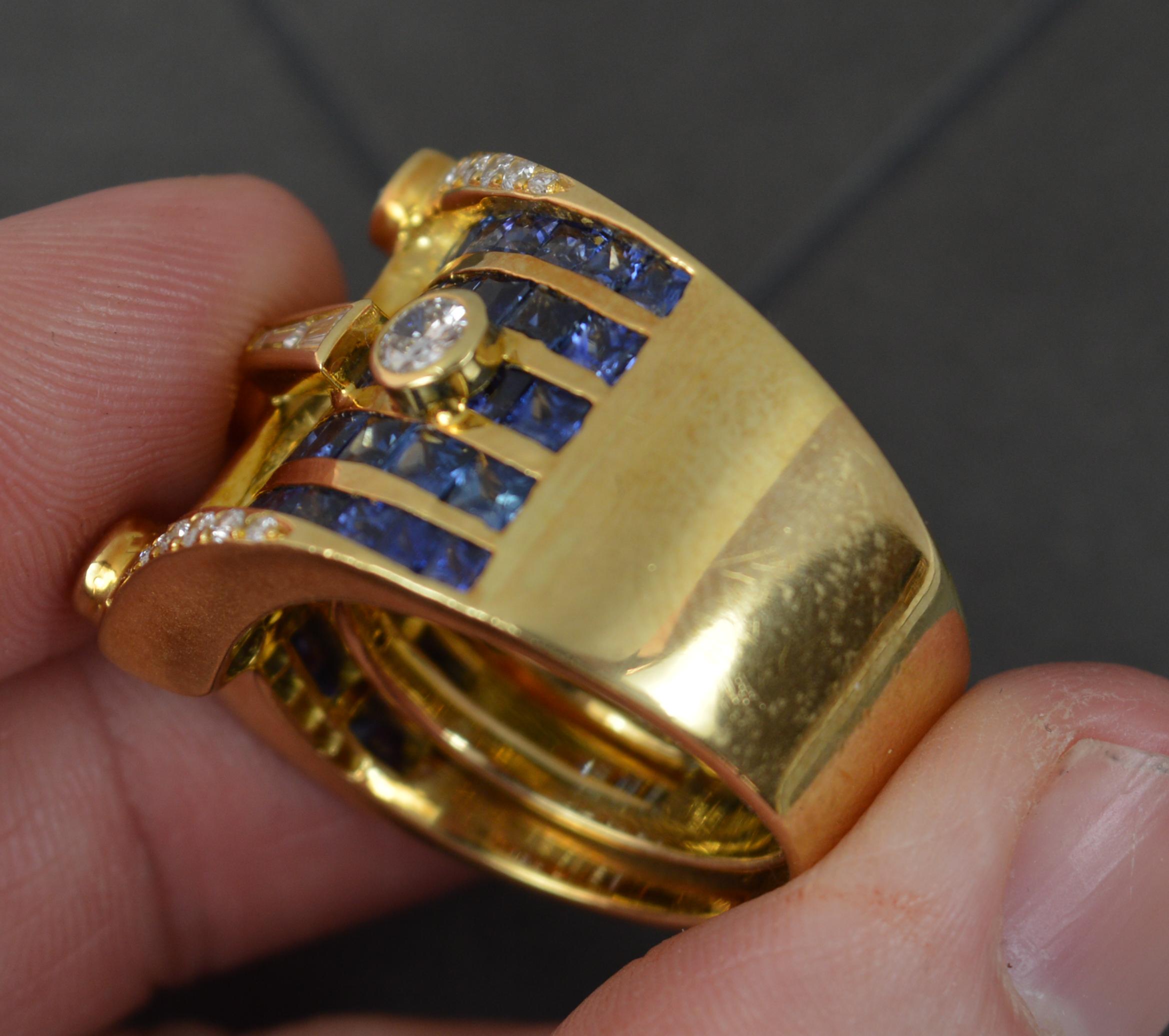 Very Heavy 18 Carat Gold Vs 1.3ct Diamond and Blue Sapphire Buckle Cluster Ring In Excellent Condition In St Helens, GB
