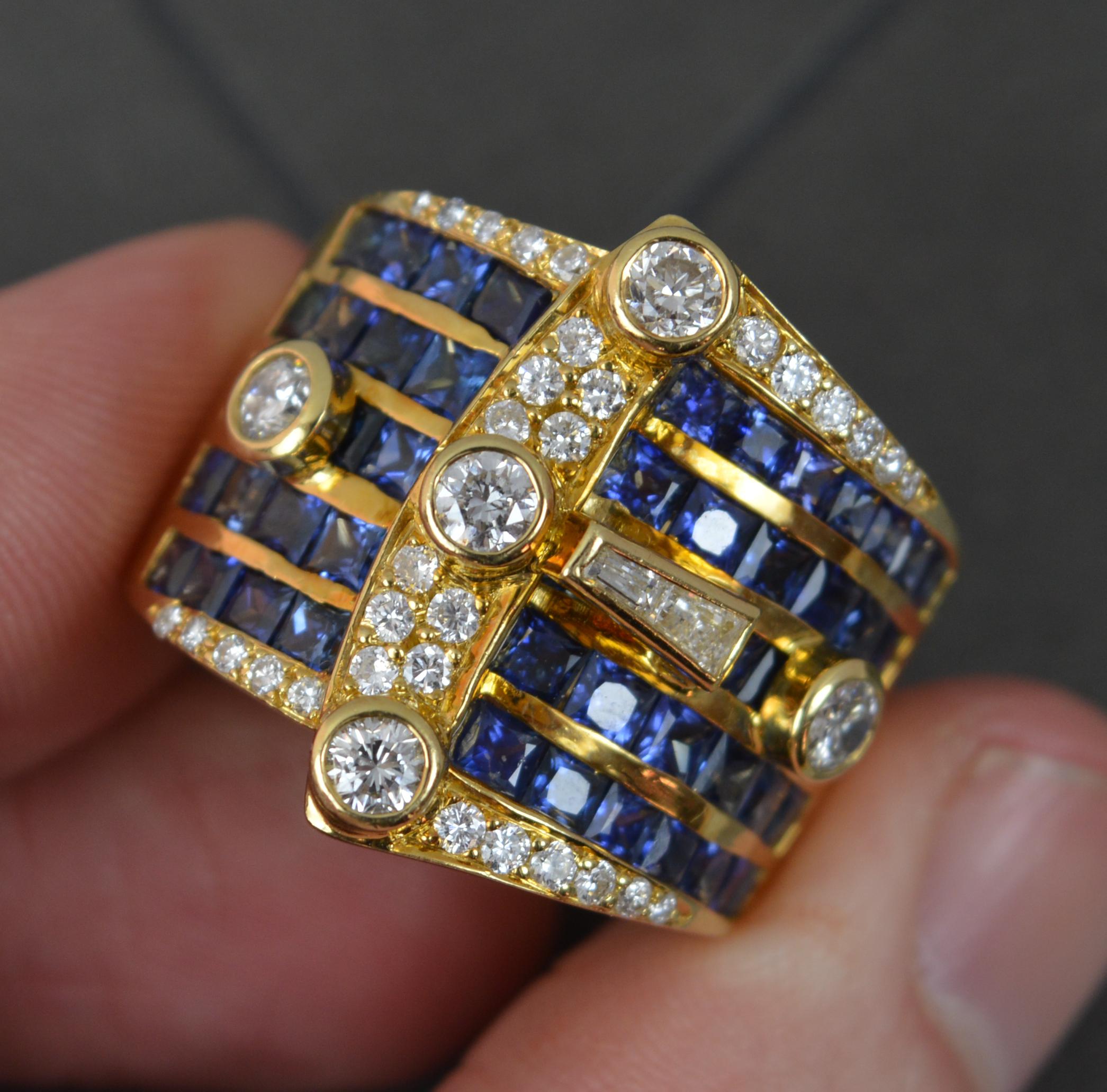 Very Heavy 18 Carat Gold Vs 1.3ct Diamond and Blue Sapphire Buckle Cluster Ring 2