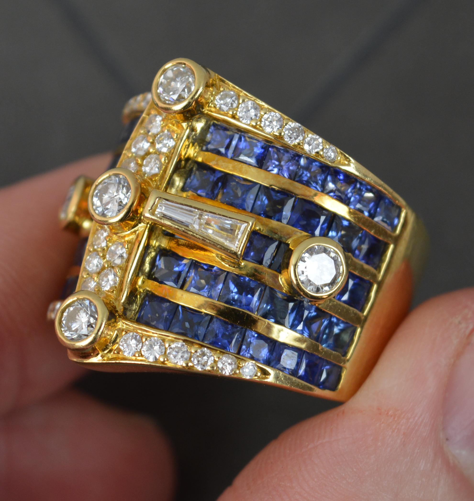 Very Heavy 18 Carat Gold Vs 1.3ct Diamond and Blue Sapphire Buckle Cluster Ring 3