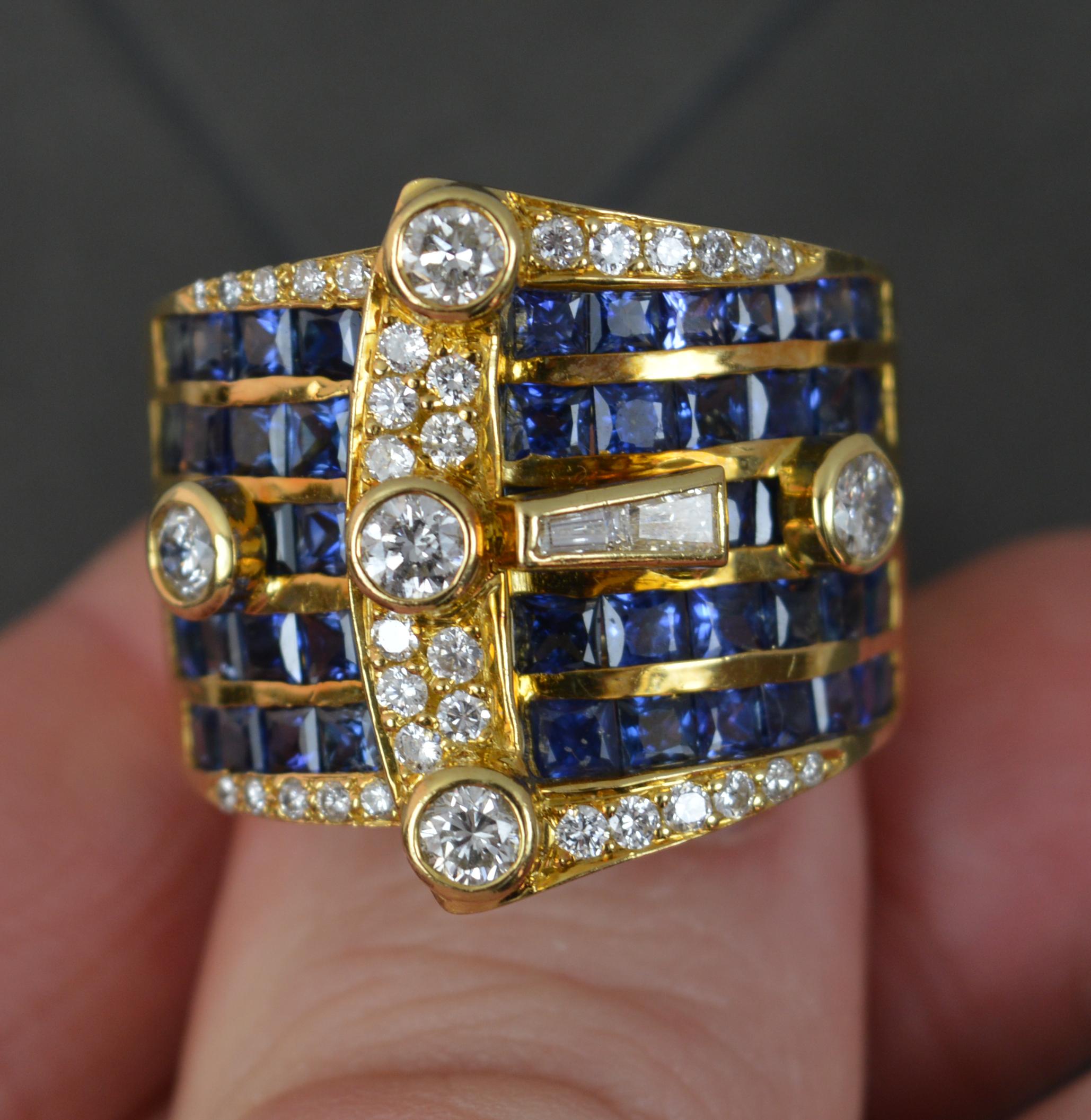 Very Heavy 18 Carat Gold Vs 1.3ct Diamond and Blue Sapphire Buckle Cluster Ring 4