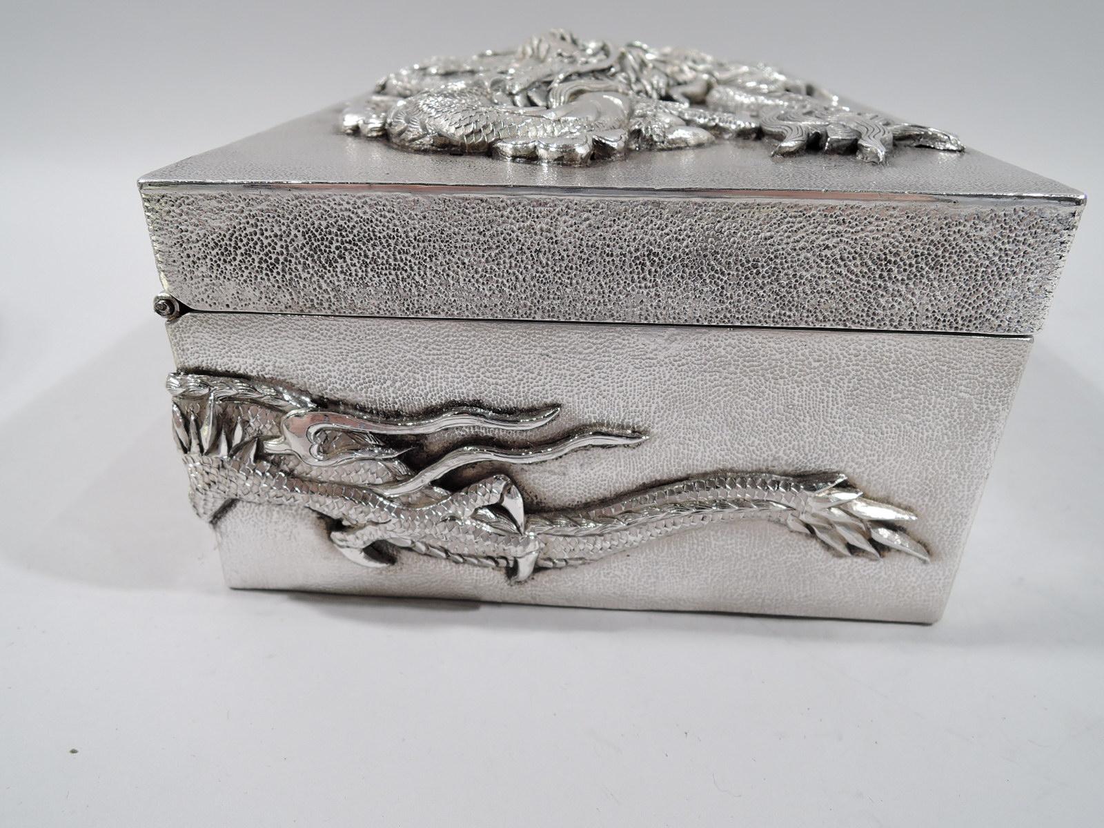 Meiji Very Heavy Japanese Silver Dramatic Dragon Box by Samurai Shokai