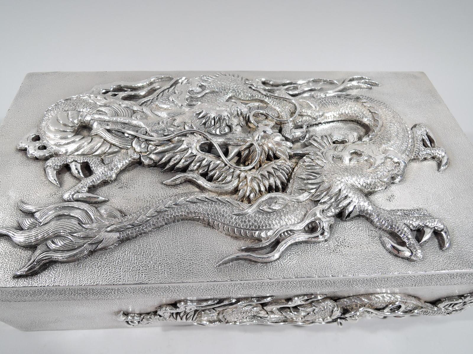 20th Century Very Heavy Japanese Silver Dramatic Dragon Box by Samurai Shokai