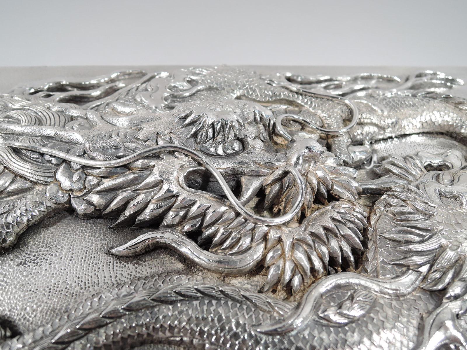 Very Heavy Japanese Silver Dramatic Dragon Box by Samurai Shokai 1