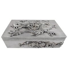 Very Heavy Japanese Silver Dramatic Dragon Box by Samurai Shokai
