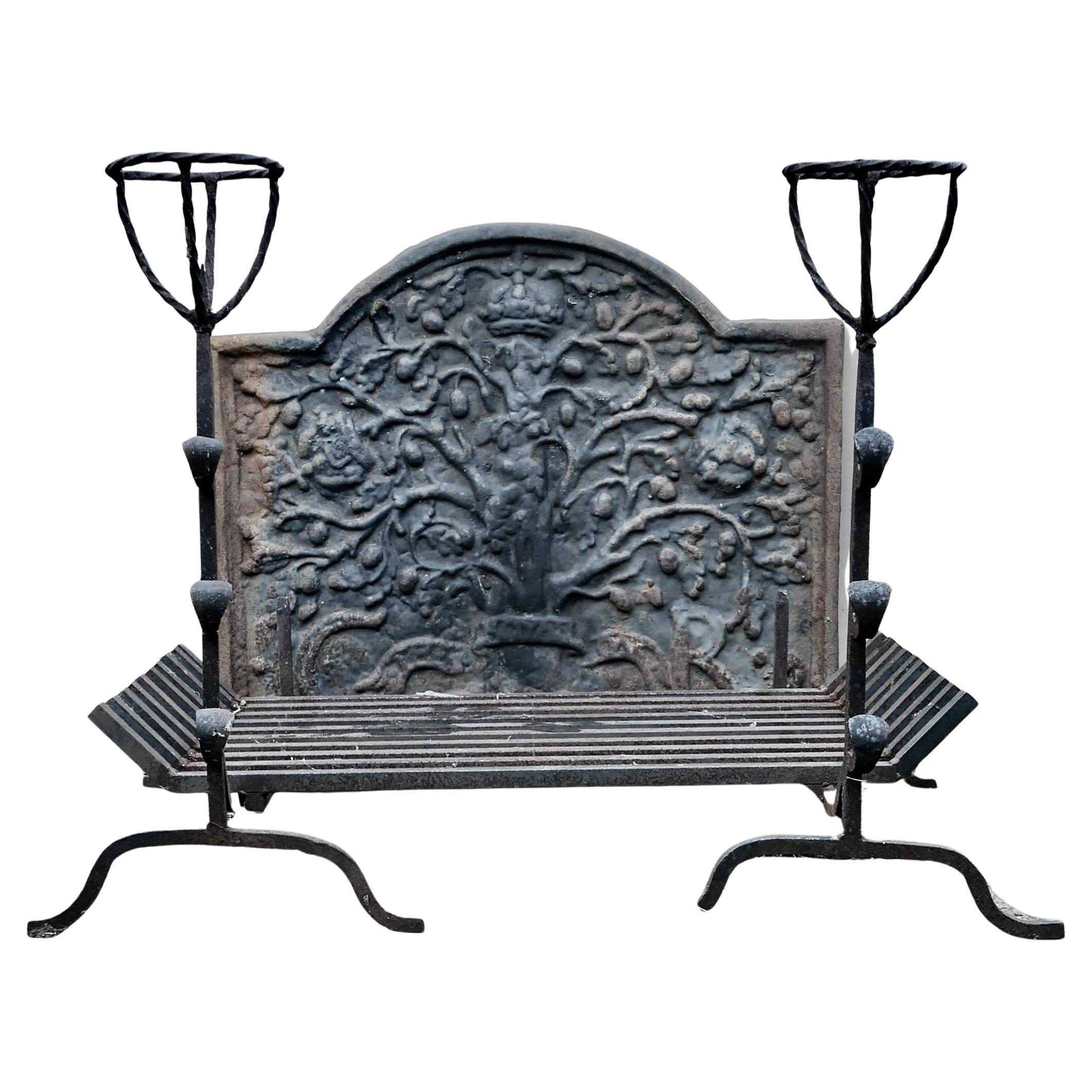 Very Heavy Large Fire Back with Andirons and Large Grate For Sale