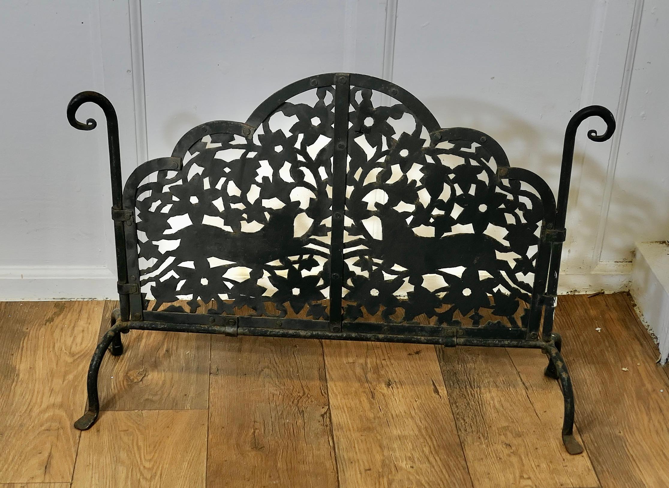 Arts and Crafts Very Heavy Old Gothic Pierced Wrought Iron Fire Screen For Sale