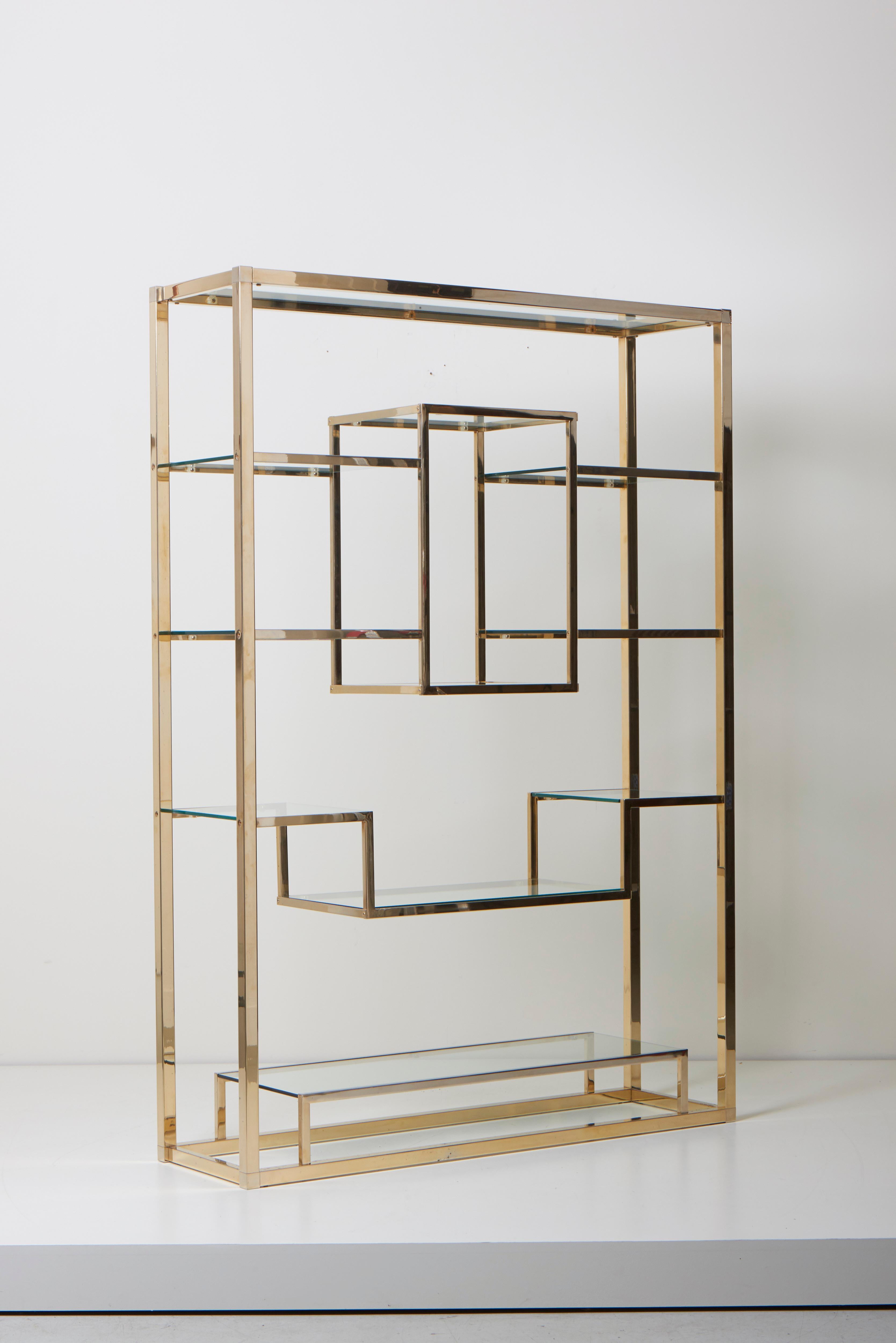 Gold Plate Very Huge Brass and Tinted Glass Bookshelf or Étagère in the style of Romeo Rega For Sale