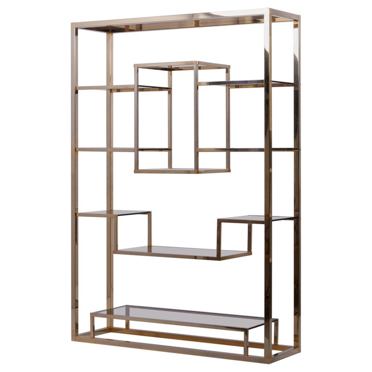 Very Huge Brass and Tinted Glass Bookshelf or Étagère by Romeo Rega For