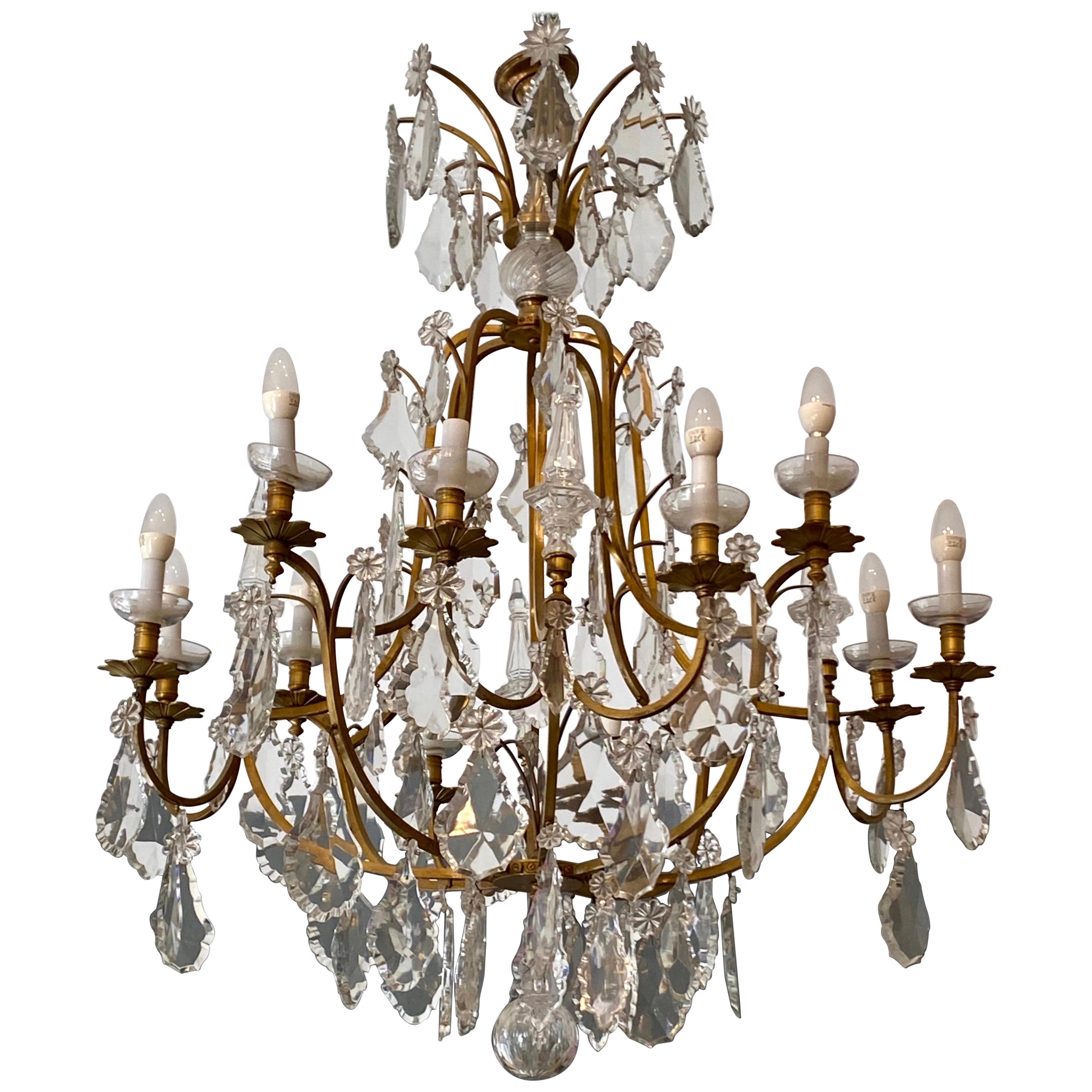 Very Important Bronze Cage Chandelier with Louis XVI Style Pendants