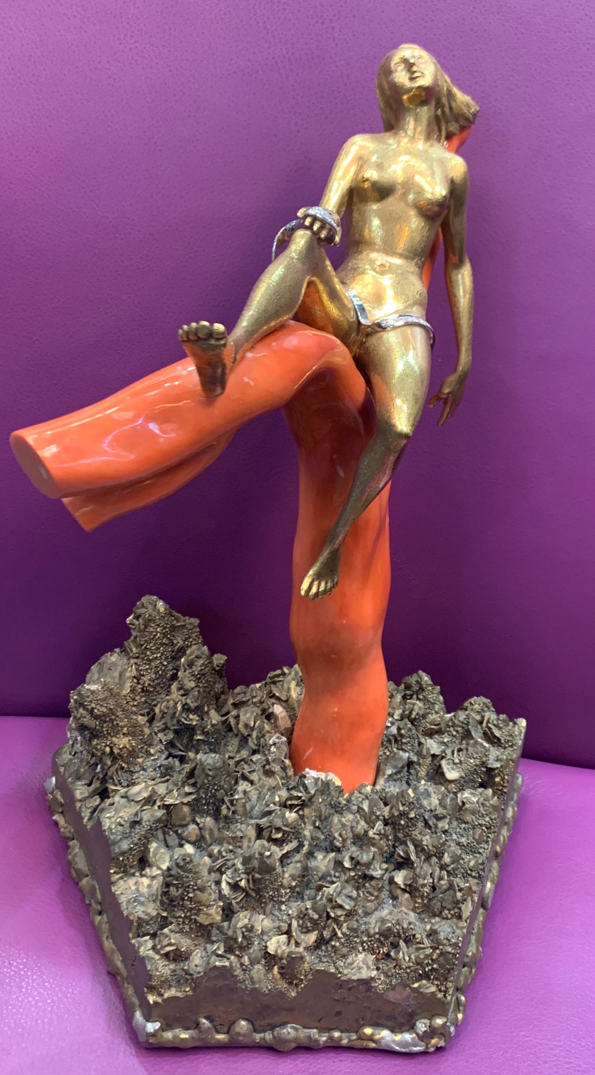 Gold & Coral Resting Lady Object By Romolo Grassi
The Lady is 18k Yellow Gold on one very fine solid coral.
Accented with diamonds and mounted on quartz
Gold Gram Weight: 766.7 grams
Coral Gram Weight: 877.3 grams
Measurements: 1 foot high
Published
