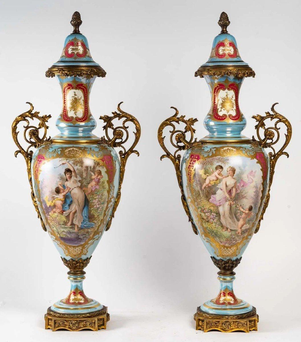 Very Important Pair of bright turquoise Sèvres Porcelain Vases, signed Sèvres
Very Important Pair of bright turquoise Sèvres Porcelain Vases, signed Sèvres and the name of the manufacturer. Decorated by paintings with gold around accentuated by the