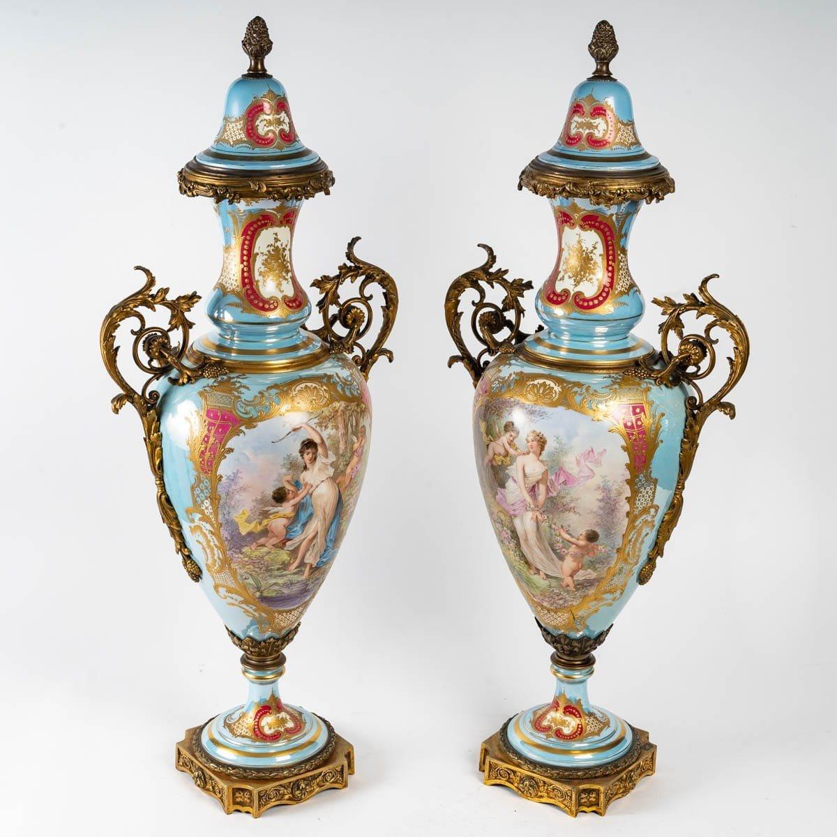Napoleon III Very Important Pair of bright turquoise Sèvres Porcelain Vases, signed Sèvres
