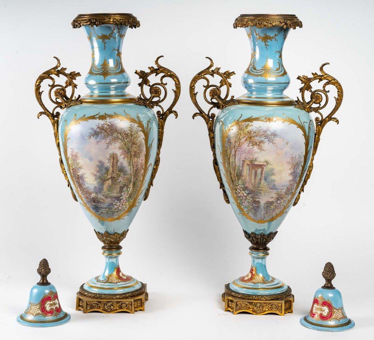 French Very Important Pair of bright turquoise Sèvres Porcelain Vases, signed Sèvres