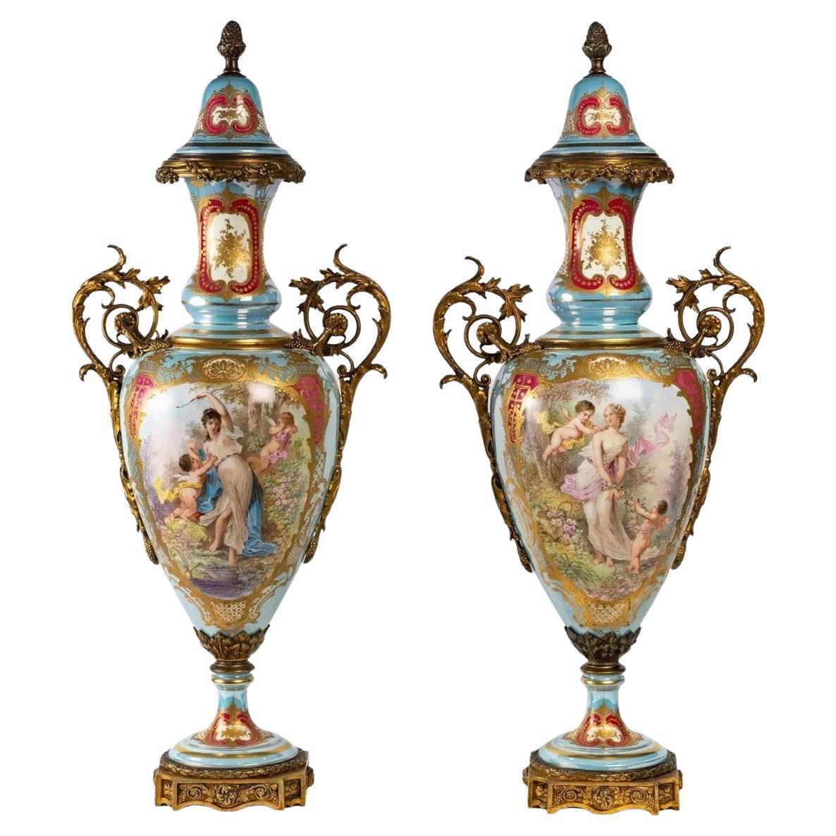 Very Important Pair of bright turquoise Sèvres Porcelain Vases, signed Sèvres