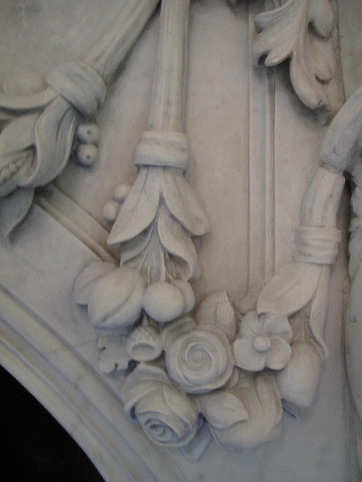 Very Important Palatial Finely Carved Italian Carrara Marble Mantel Piece 13