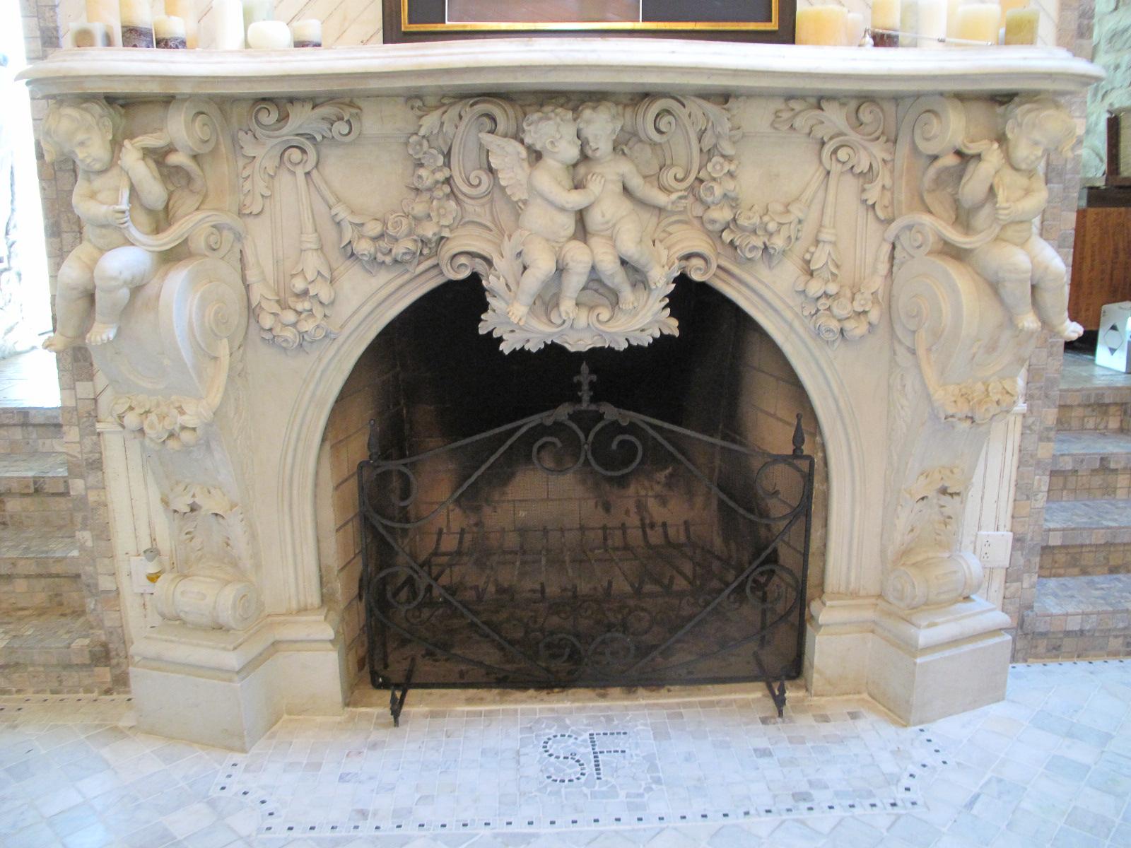 Very Important Palatial Finely Carved Italian Carrara Marble Mantel Piece In Good Condition In Montreal, QC