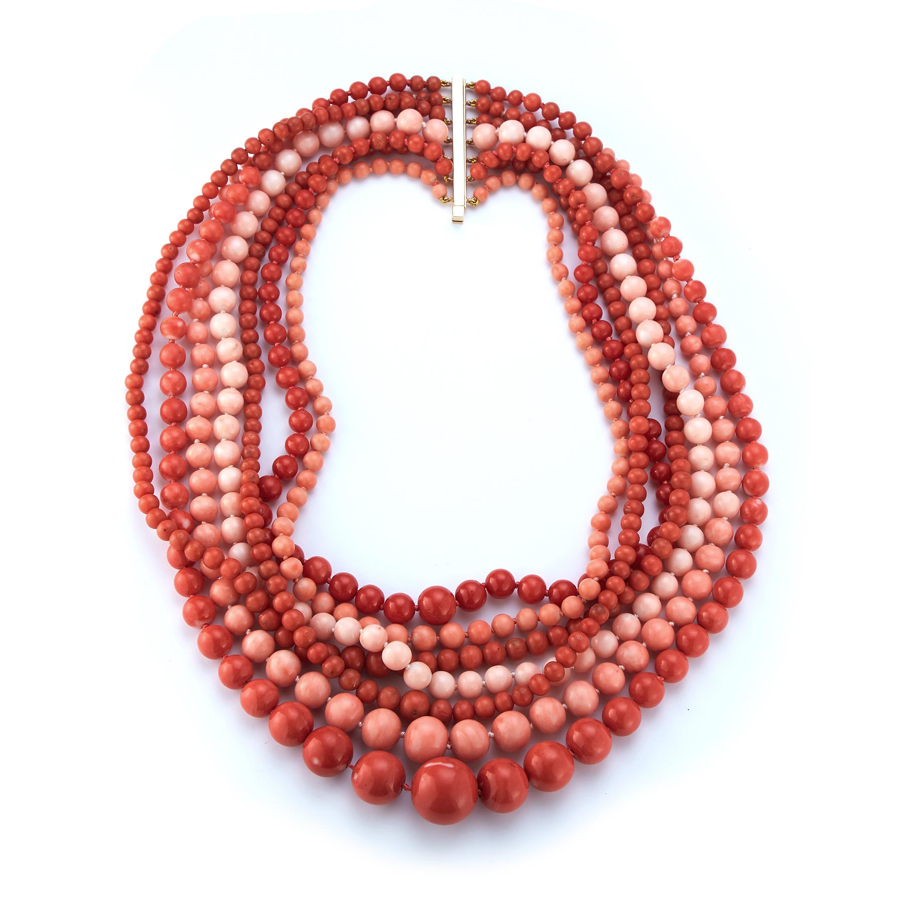 Very Important Seven Strand Coral Bead Necklace
A magnificent collection featuring every shade of coral: Ox blood, angels skin, pink, white.

With 18K Yellow Gold clasp.
238  grams gross weight
Measurements: 20