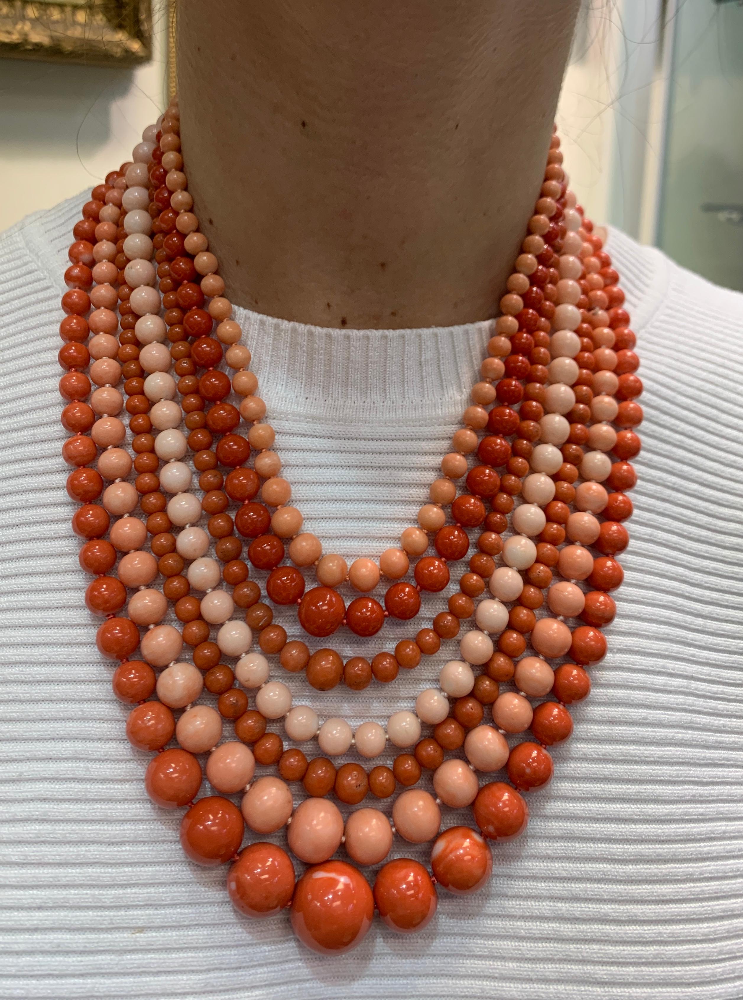 Very Important Seven-Strand Coral Bead Necklace- MARKET PLACE In New Condition For Sale In New York, NY