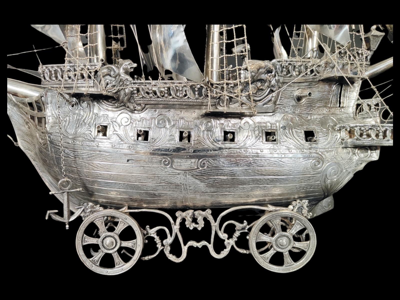 Very impressive 19th Century solid silver antique German model of a Ship For Sale 4