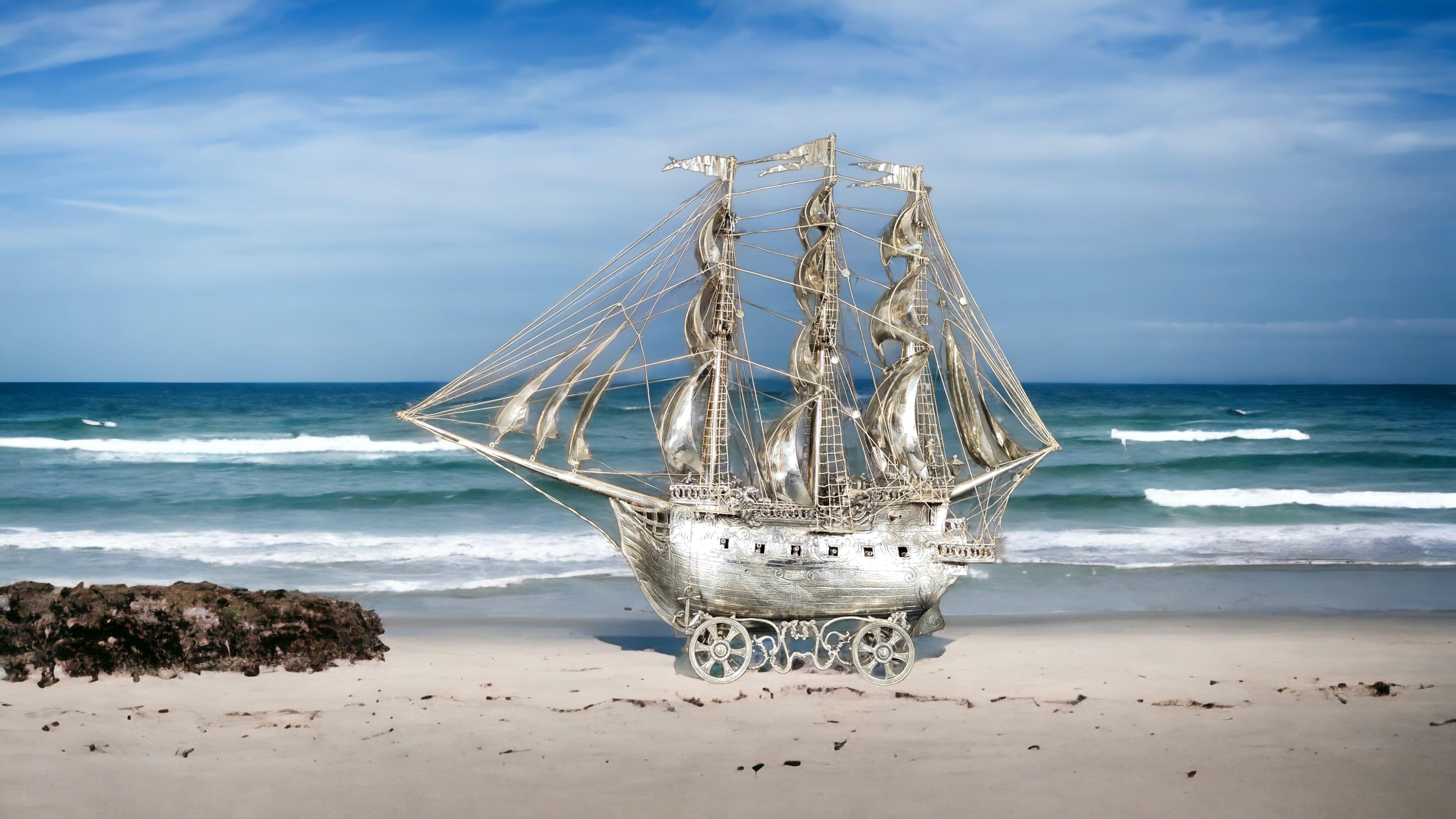 Very impressive 19th Century solid silver antique German model of a Ship For Sale 6