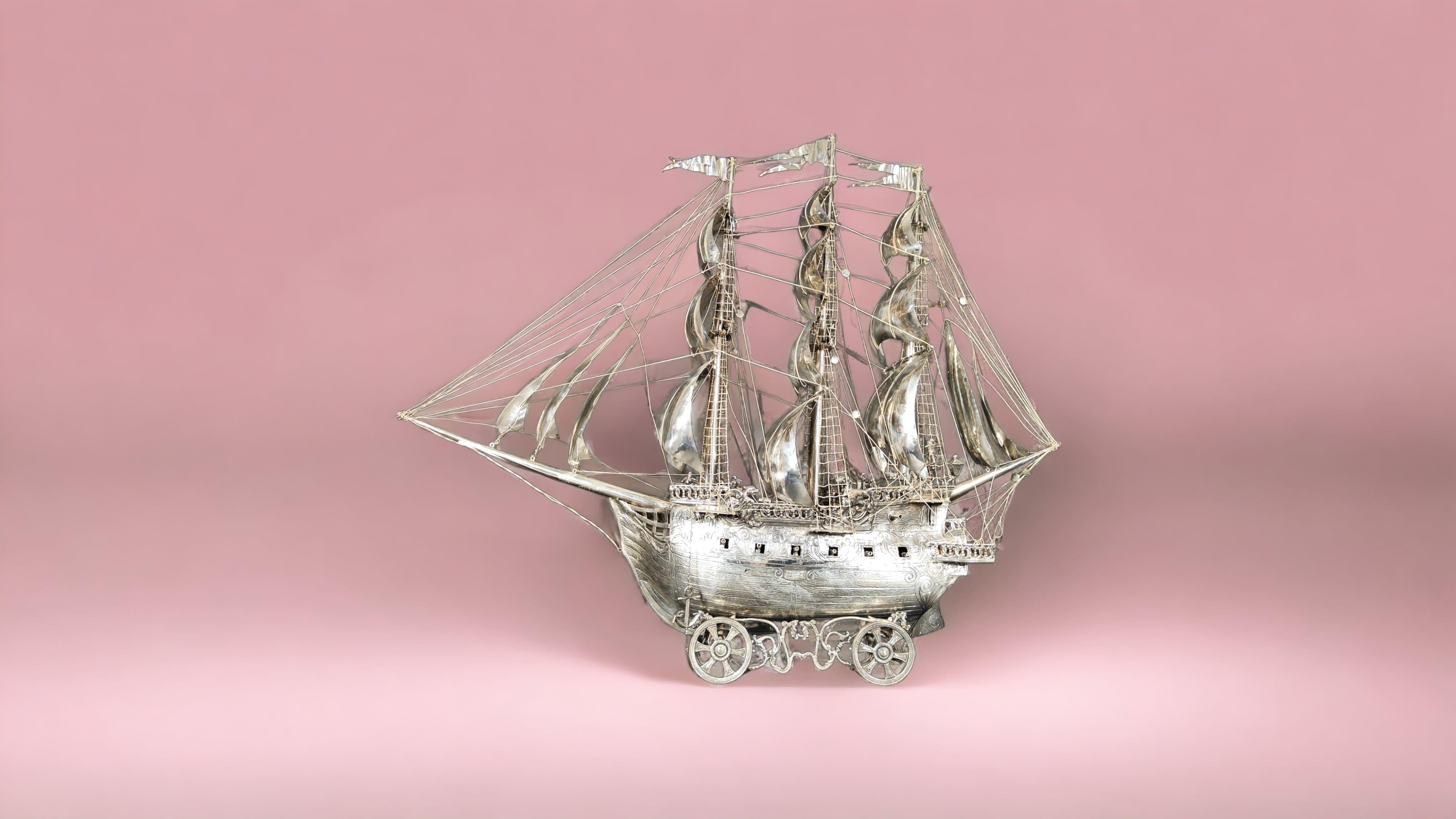 Very impressive 19th Century solid silver antique German model of a Ship For Sale 7