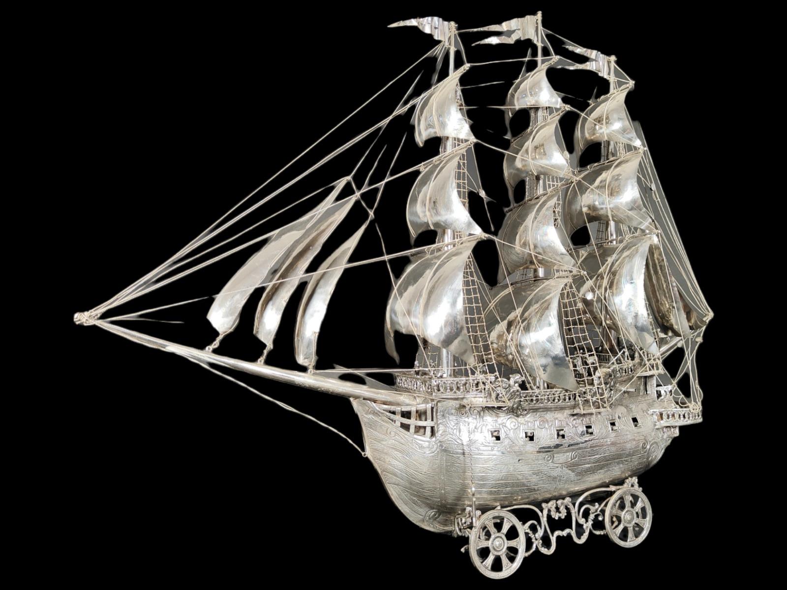 Very impressive 19th century solid silver antique German model of a ship, named 