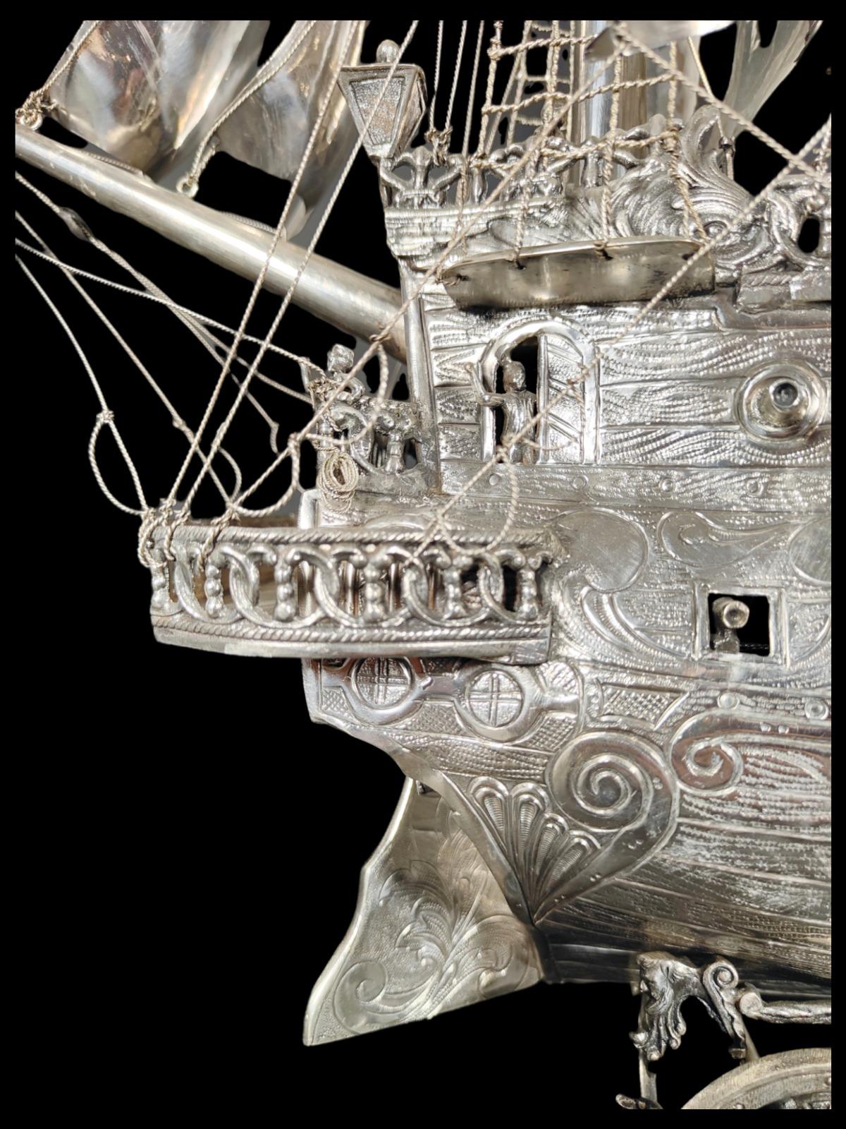 Hand-Crafted Very impressive 19th Century solid silver antique German model of a Ship For Sale