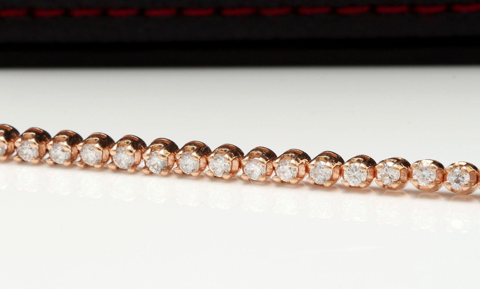 Very Impressive 2.32 Carats Natural Diamond 14K Solid Rose Gold Bracelet

STAMPED: 14K

Total Natural Round Diamonds Weight: 2.32 Carats (58 diamonds) (color G-H / Clarity SI1)

Bracelet Length: 7.25 inches

Width: 3.00mm

Bracelet total weight: